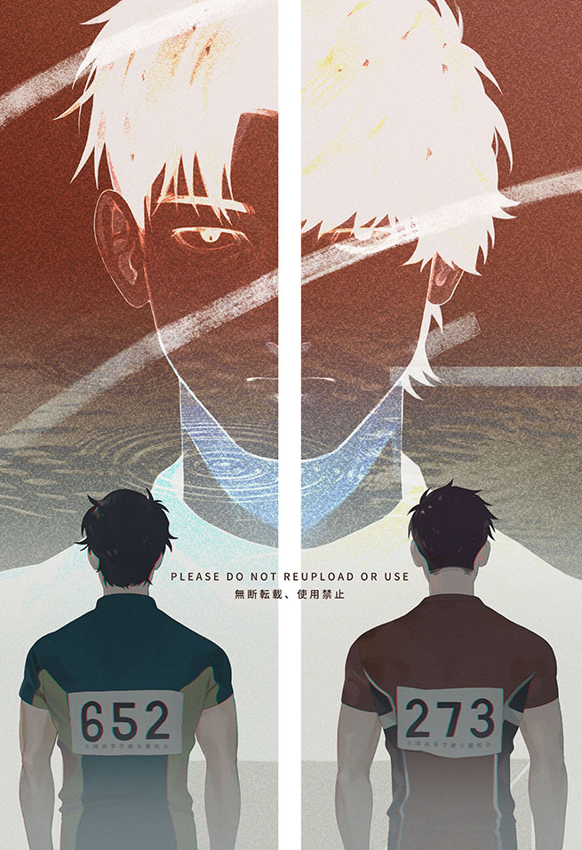 lidd, commentary, english commentary, 2boys, black hair, closed mouth, expressionless, from behind, hyakuemu, komiya (hyakuemu), looking at viewer, male focus, multiple boys, short hair, split screen, togashi (hyakuemu), track uniform, upper body