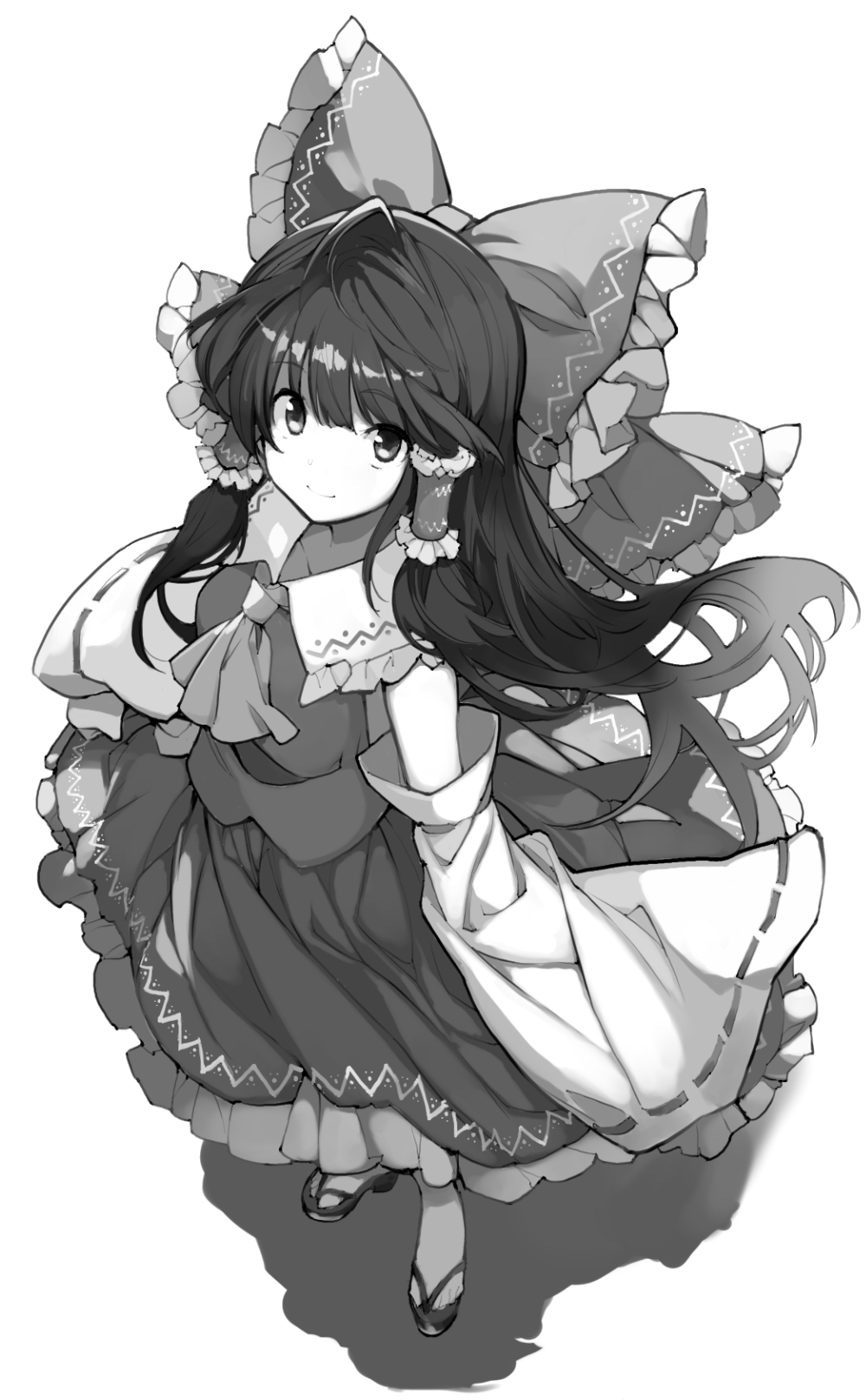 asakura maru, hakurei reimu, touhou, commentary request, highres, 1girl, ahoge, ascot, bow, closed mouth, detached sleeves, frilled bow, frilled shirt collar, frills, from above, full body, gohei, greyscale, hair bow, hair tubes, holding, holding gohei, large bow, long hair, long sleeves, looking at viewer, monochrome, nontraditional miko, ribbon-trimmed sleeves, ribbon trim, sandals, shadow, shirt, skirt, smile, solo, standing, white background, wide sleeves, zouri