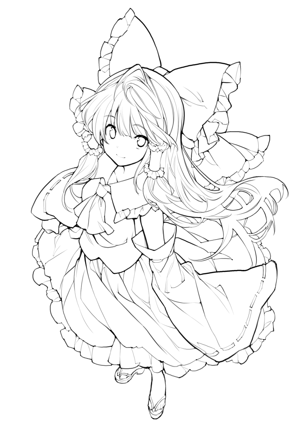 asakura maru, hakurei reimu, touhou, commentary request, highres, 1girl, ahoge, ascot, bow, closed mouth, detached sleeves, frilled bow, frilled shirt collar, frills, from above, full body, gohei, greyscale, hair bow, hair tubes, holding, holding gohei, large bow, lineart, long hair, long sleeves, looking at viewer, monochrome, nontraditional miko, ribbon-trimmed sleeves, ribbon trim, sandals, shadow, shirt, skirt, smile, solo, standing, white background, wide sleeves, zouri