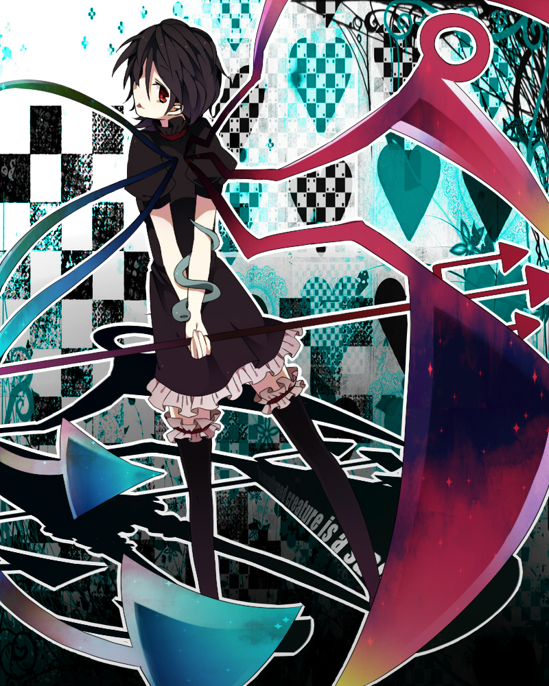 fujisaki miyabi, houjuu nue, touhou, bad id, bad pixiv id, 1girl, asymmetrical wings, black hair, black thighhighs, female focus, looking back, oversized wings, polearm, red eyes, solo, spear, thighhighs, tongue, trident, weapon, wings