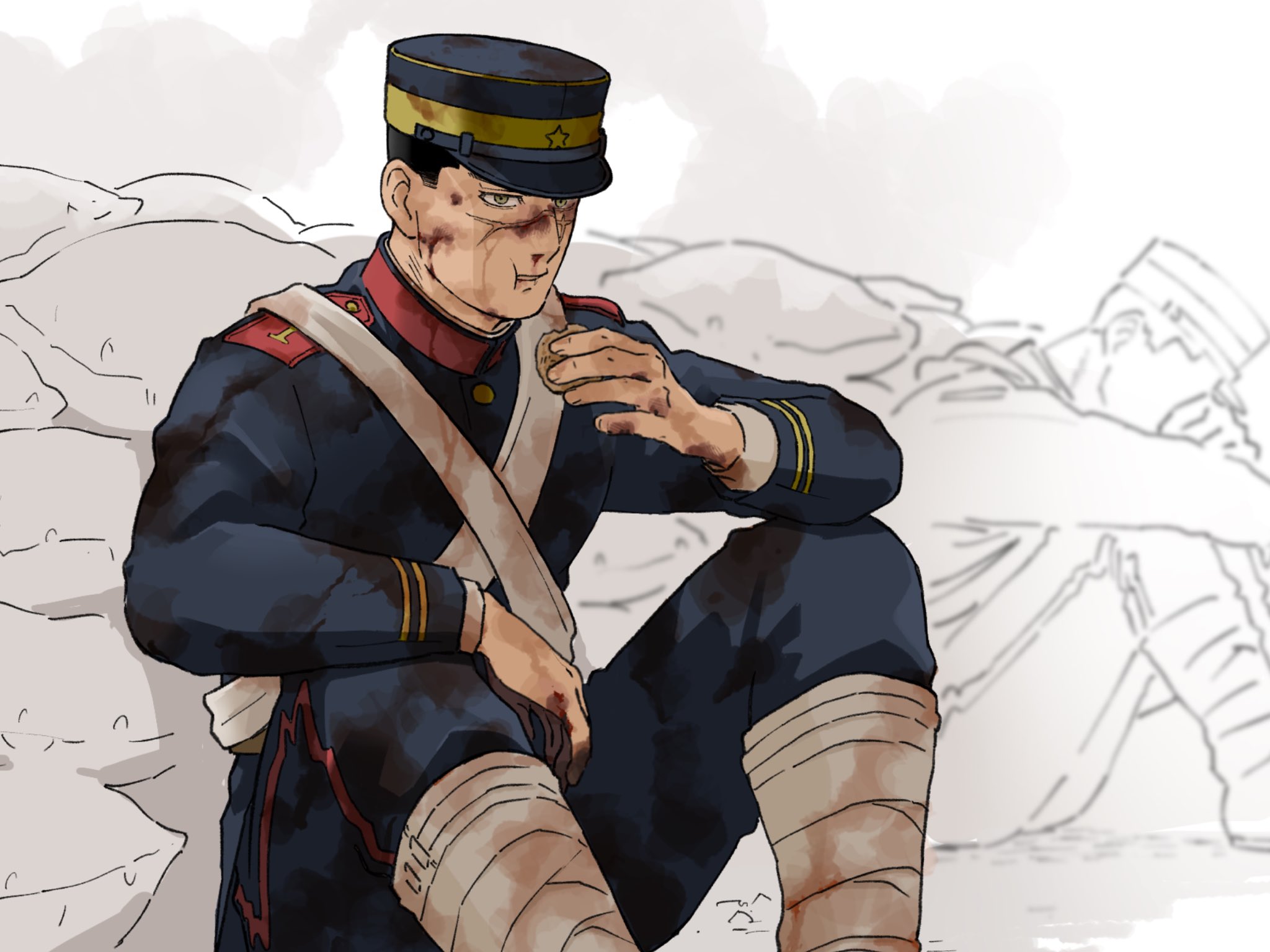 sugimoto saichi, golden kamuy, commentary request, highres, 2boys, alternate hair length, alternate hairstyle, black hair, blood, blood on face, blood on hands, blue hat, blue jacket, blue pants, cross scar, dakuonpu, eating, facial scar, food, food in mouth, green eyes, hat, holding, holding food, imperial japanese army, jacket, male focus, military hat, military jacket, military uniform, multiple boys, nosebleed, pants, partially colored, scar, scar on cheek, scar on face, scar on nose, sitting, solo focus