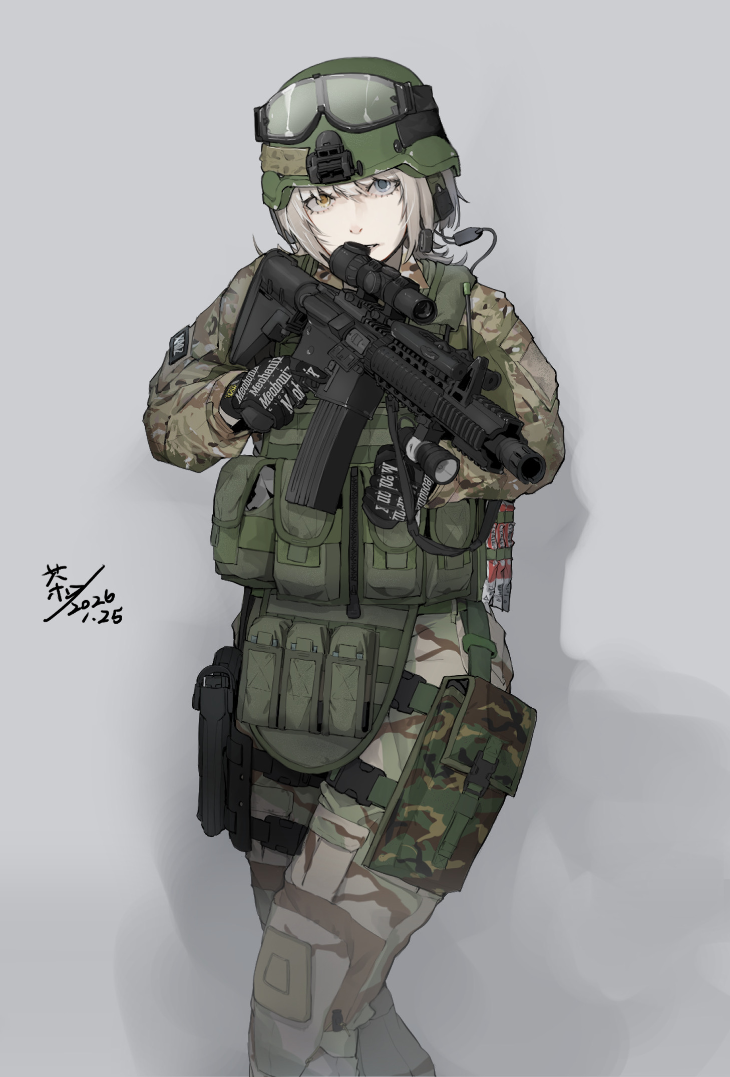 original, chinese commentary, commentary request, highres, 1girl, aiming, aiming at viewer, armor, assault rifle, camouflage, finger on trigger, gun, helmet, holding, holding gun, holding weapon, magazine (weapon), military, military uniform, qianchas dream, rifle, scope, soldier, suppressor, trigger discipline, weapon