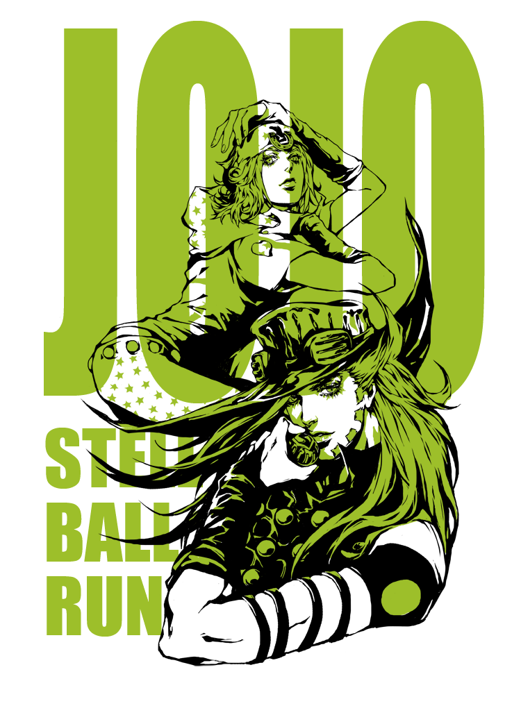 fishine, gyro zeppeli, johnny joestar, jojo no kimyou na bouken, steel ball run, bad id, bad pixiv id, 2boys, armband, ball, beard, bridal gauntlets, facial hair, green theme, hat, long hair, male focus, monochrome, multiple boys, text focus, typo, wristband