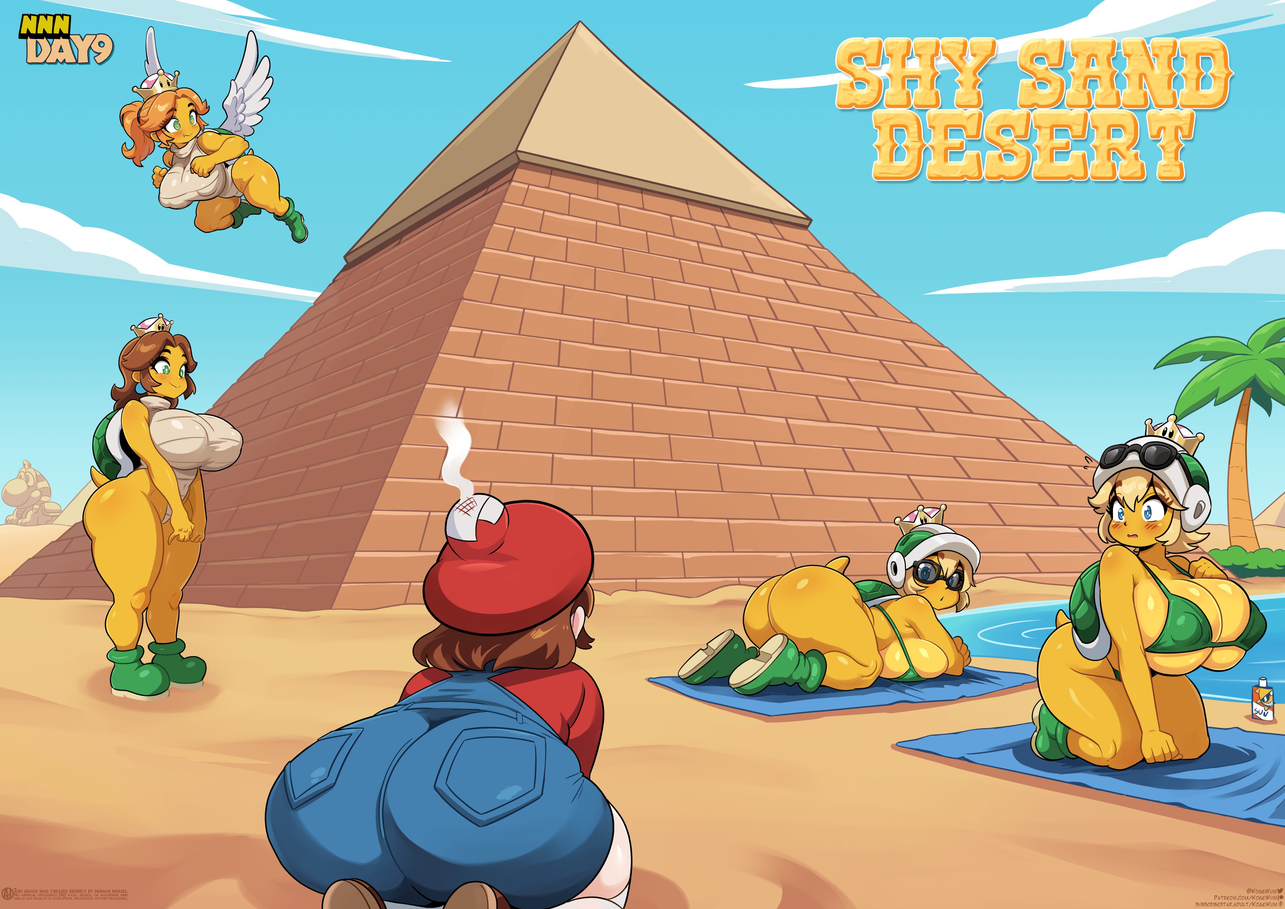 kogeikun, mario, mario (series), nintendo, 1futa, 4girls, ass, bikini, blonde hair, blue eyes, blush, breasts, brown hair, colored skin, crown, ear piercing, earrings, english text, flying, futanari, green eyes, heart, huge ass, huge breasts, jewelry, looking at viewer, lying, medium hair, multiple girls, piercing, pyramid (structure), speech bubble, sunglasses, swimsuit, wings, yellow skin