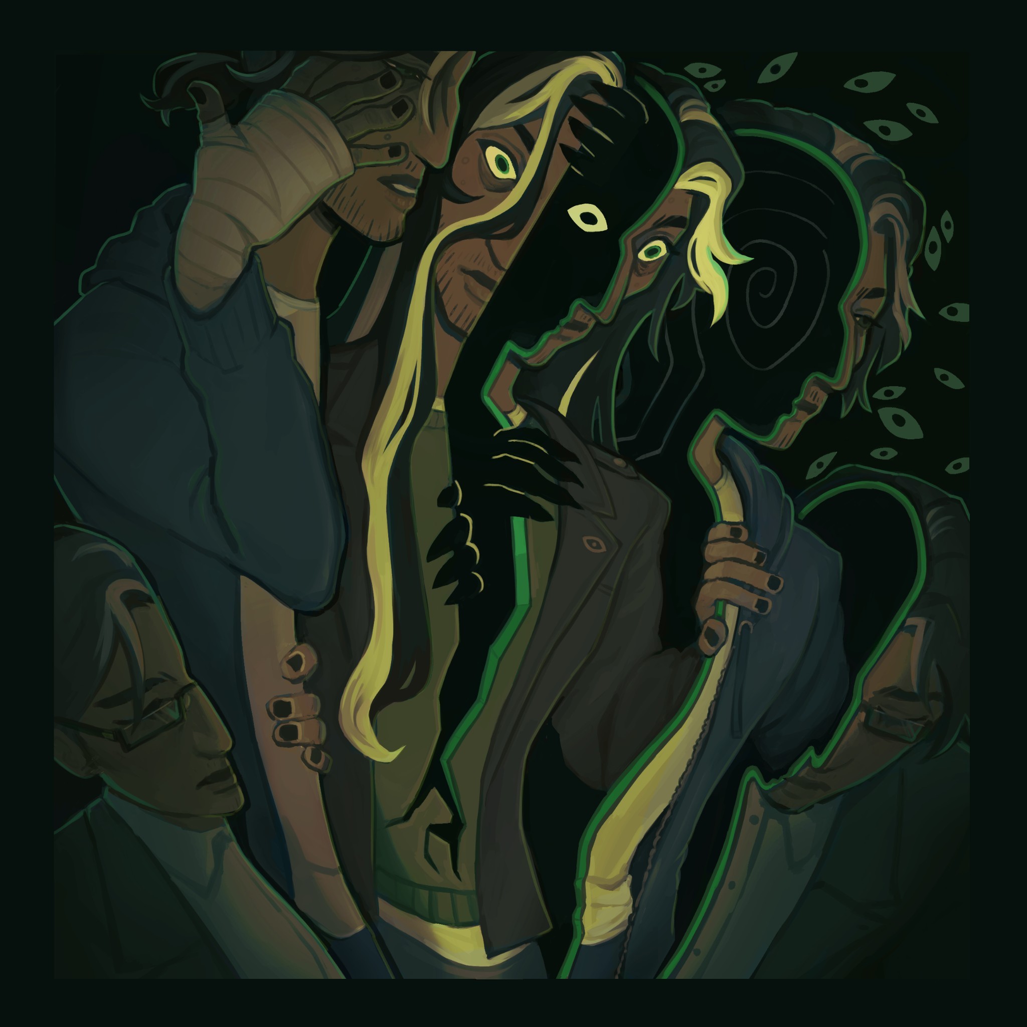 jonathan sims, the magnus archives, sliced, commentary, english commentary, highres, 1boy, age progression, aquiline nose, black hair, body horror, closed mouth, crack, dark-skinned male, dark skin, design speculation, facial hair, green eyes, grey hair, horror (theme), lips, long hair, male focus, multicolored hair, nose, scar, scar on face, shirt, short hair, simple background, sleepnos, split head, surreal, two-tone hair, upper body