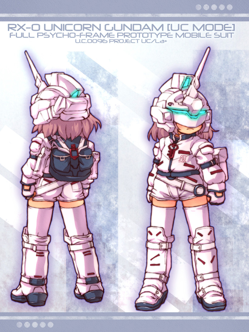sankuma, unicorn gundam, gundam, gundam unicorn, 1girl, backpack, bag, boots, gloves, helmet, mecha musume, personification, randoseru, thighhighs