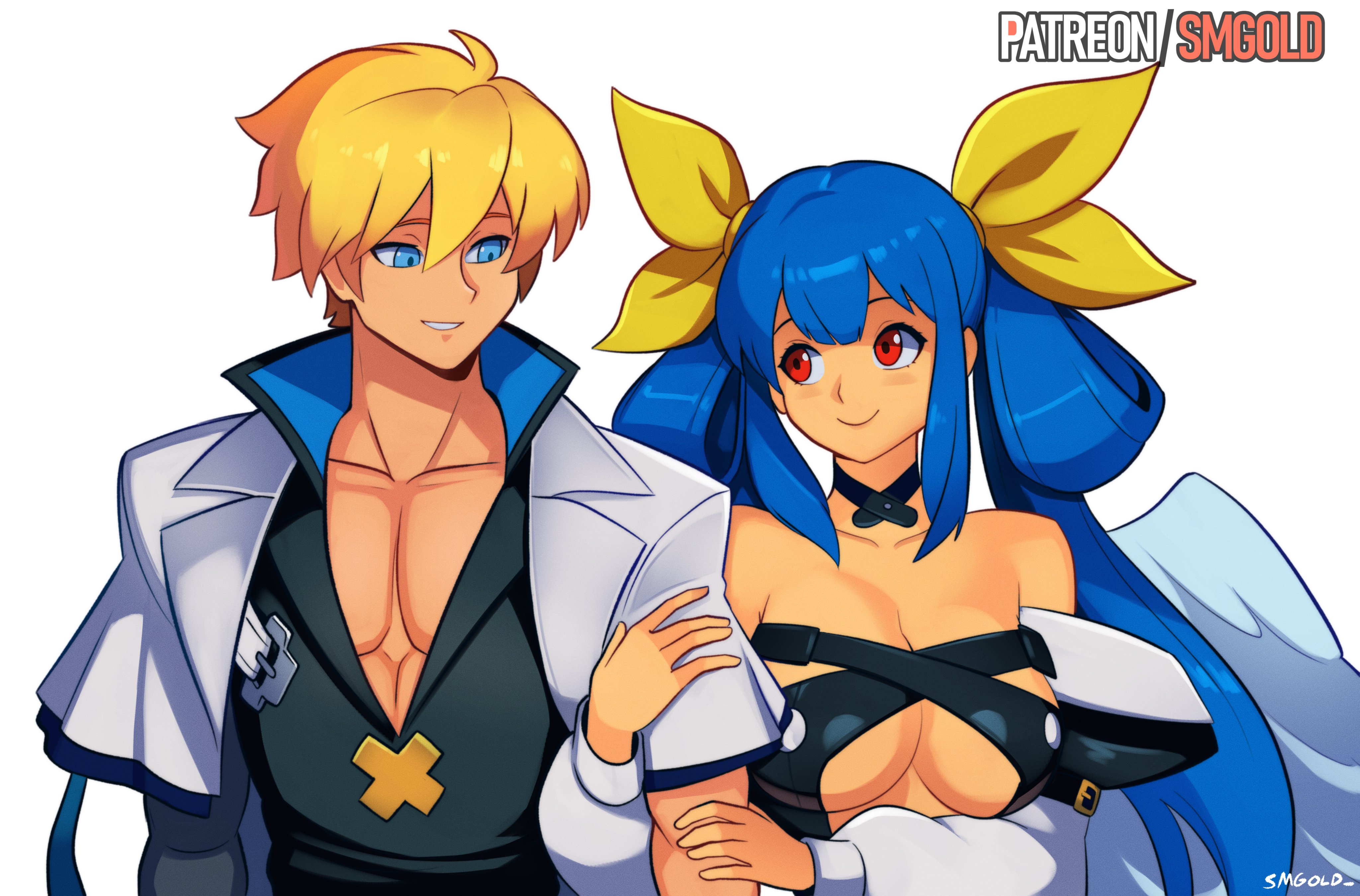 smgold, dizzy (guilty gear), ky kiske, guilty gear, absurdres, commentary, english commentary, highres, 1boy, 1girl, bare shoulders, black shirt, blue eyes, blue hair, breasts, cleavage, couple, detached sleeves, hetero, husband and wife, jacket, jacket on shoulders, large breasts, locked arms, long hair, looking at another, muscular, muscular male, red eyes, revealing clothes, shirt, short hair, upper body, white jacket, white sleeves, white wings, wings