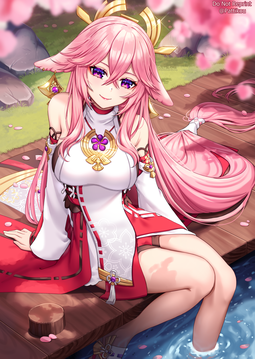 pattikou, yae miko, genshin impact, commentary, highres, 1girl, animal ears, bare shoulders, breasts, closed mouth, detached sleeves, earrings, fox ears, hair between eyes, japanese clothes, jewelry, legs, long hair, long sleeves, looking at viewer, low-tied long hair, nontraditional miko, pink hair, purple eyes, shirt, smile, soaking feet, solo, twitter username, very long hair, white shirt, white sleeves