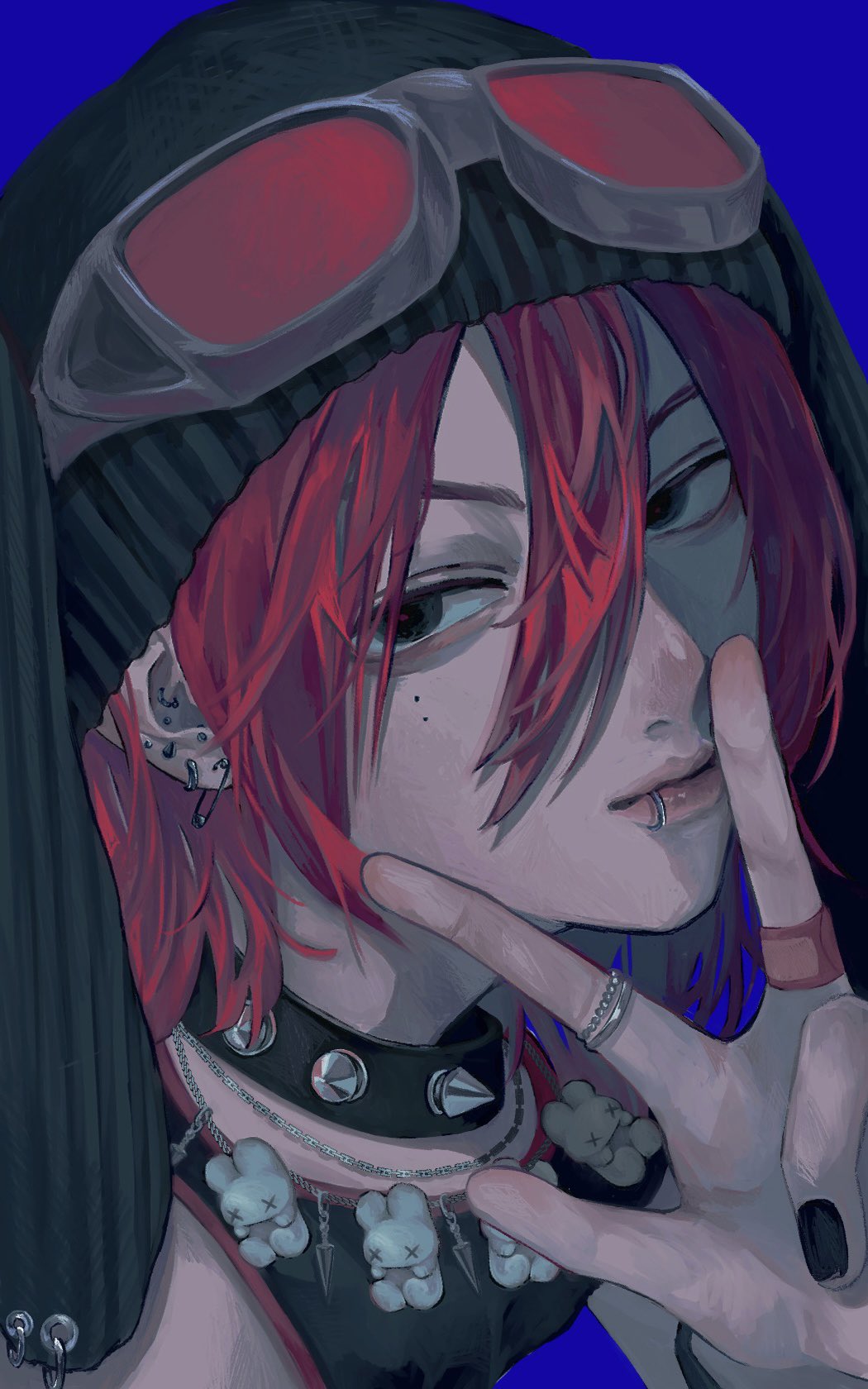original, commentary, highres, symbol-only commentary, 1other, 9 ron23, androgynous, animal hat, bandaid, bandaid on finger, bandaid on hand, bare shoulders, black choker, black eyes, black hat, black nails, blue background, choker, close-up, ear piercing, face piercing, goggles, goggles on headwear, hair between eyes, hand up, hat, jewelry, lip piercing, lips, looking at viewer, medium hair, mole, mole under eye, multiple moles, nail polish, necklace, piercing, portrait, rabbit hat, rabbit necklace, red hair, ring, safety pin earring, shirt, simple background, sleeveless, sleeveless shirt, solo, spiked choker, spiked ear piercing, spikes, w