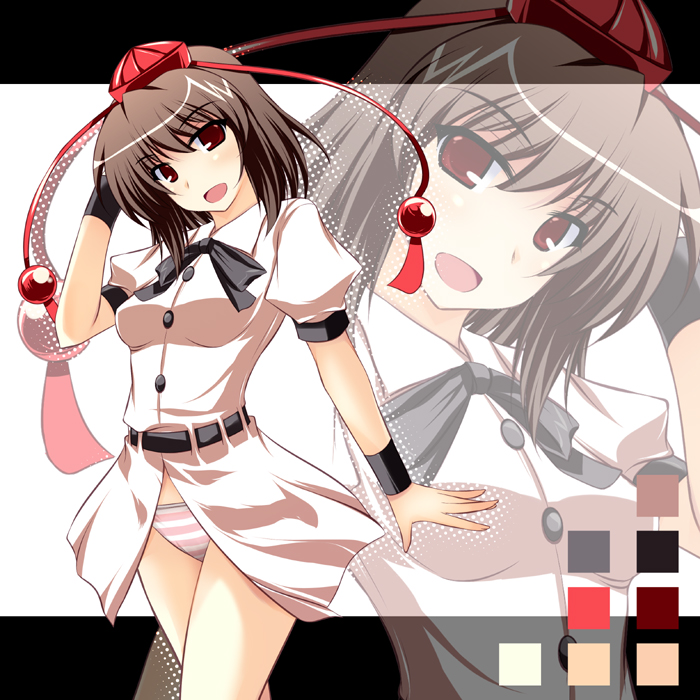 ibuki pon, shameimaru aya, touhou, bad id, bad pixiv id, 1girl, black hair, blouse, blush, bow, bowtie, bracelet, brown eyes, brown hair, female focus, hat, jewelry, looking at viewer, no pants, open mouth, panties, pink panties, red eyes, ribbon, shirt, short hair, smile, solo, standing, striped clothes, striped panties, tokin hat, underwear, zoom layer