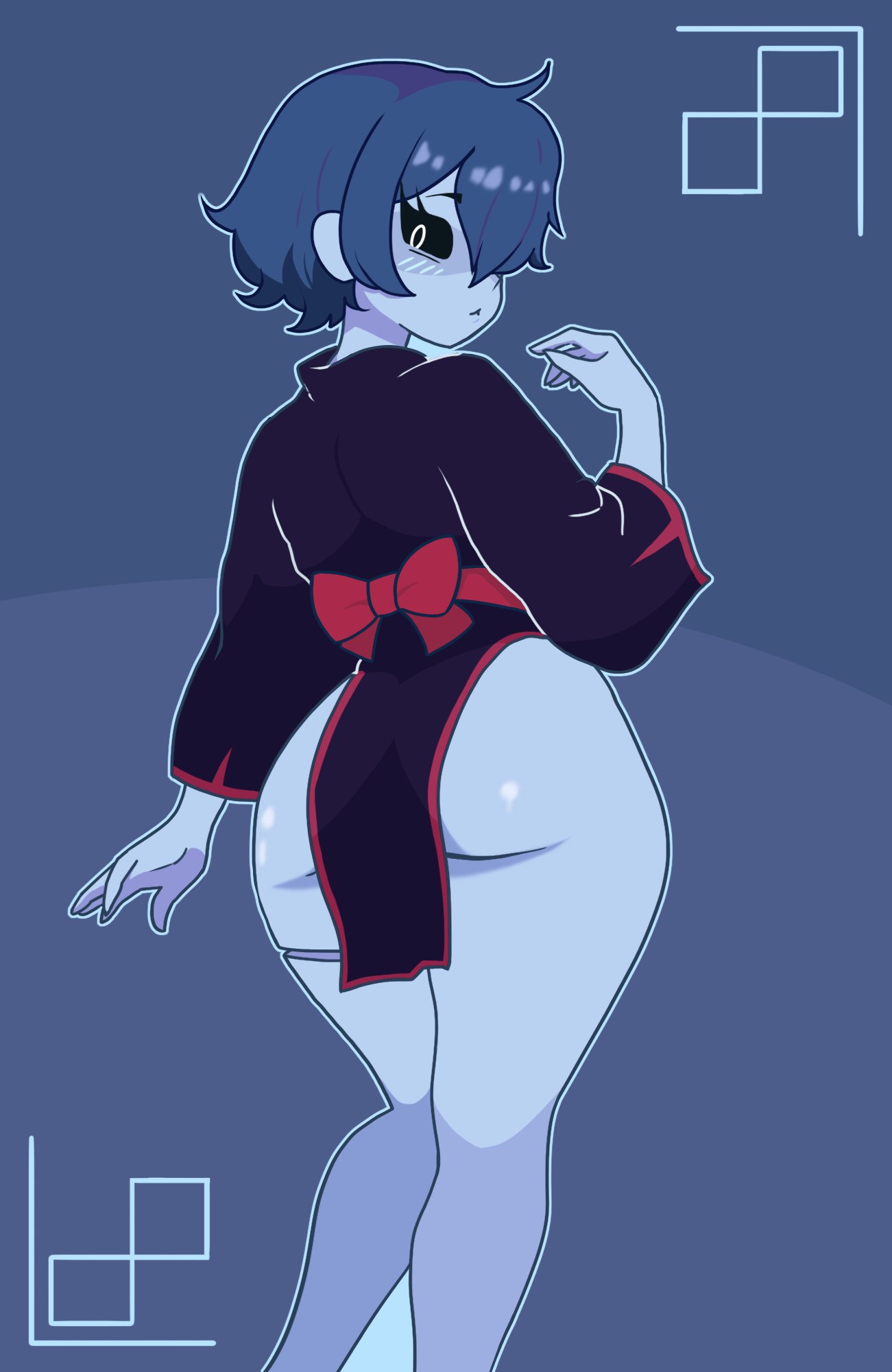 sleazynavi, original, commentary, english commentary, highres, ahoge, arm up, ass, black dress, black sclera, blue hair, blue skin, blush, china dress, chinese clothes, colored sclera, colored skin, cropped legs, dress, from behind, hair over one eye, huge ass, jiangshi, looking at viewer, looking back, no panties, red ribbon, ribbon, short hair, sidelocks, wide hips