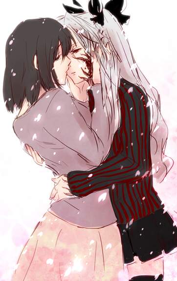 midou, angra mainyu (fate), dark tohsaka rin, matou sakura, tohsaka rin, tohsaka sakura, fate/stay night, fate (series), hand on back, 2girls, alternate costume, alternate eye color, alternate hair color, alternate universe, corruption, dark persona, hands on another's face, imminent kiss, incest, long hair, miniskirt, multiple girls, possessed, possession, red eyes, ribbon, role reversal, siblings, sisters, skirt, thighhighs, white hair, yuri, zettai ryouiki