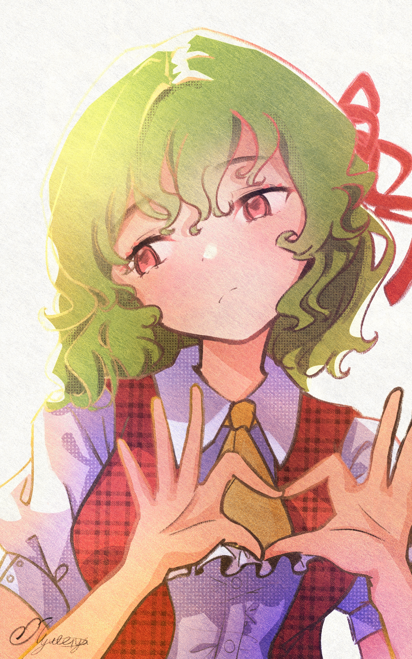nywerya, kazami yuuka, touhou, absurdres, commentary request, highres, 1girl, ascot, breasts, closed mouth, collared shirt, frilled ascot, frills, frown, green hair, hair between eyes, hair ribbon, head tilt, heart, heart hands, looking to the side, medium breasts, medium hair, open clothes, open vest, plaid clothes, plaid vest, puffy short sleeves, puffy sleeves, red eyes, red ribbon, red vest, ribbon, shirt, short sleeves, signature, simple background, solo, upper body, vest, white background, white shirt, yellow ascot