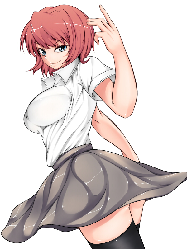 masataka, bad id, bad pixiv id, 1girl, ass, blue eyes, breasts, female focus, large breasts, looking back, oscilate, red hair, school uniform, short hair, skirt, solo, thighhighs