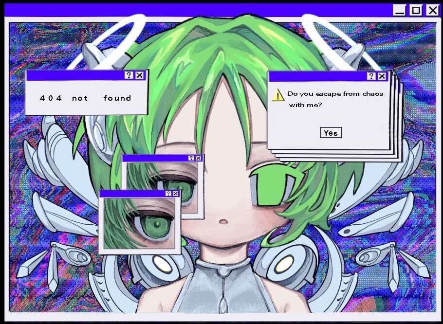original, commentary, symbol-only commentary, 1girl, 404, 9 ron23, bare shoulders, detached wings, error message, glitch, green eyes, green hair, hair intakes, headgear, http status code, mechanical wings, mismatched eyes, multiple halos, no pupils, open mouth, portrait, short hair, sleeveless, solo, straight-on, window (computing), wings