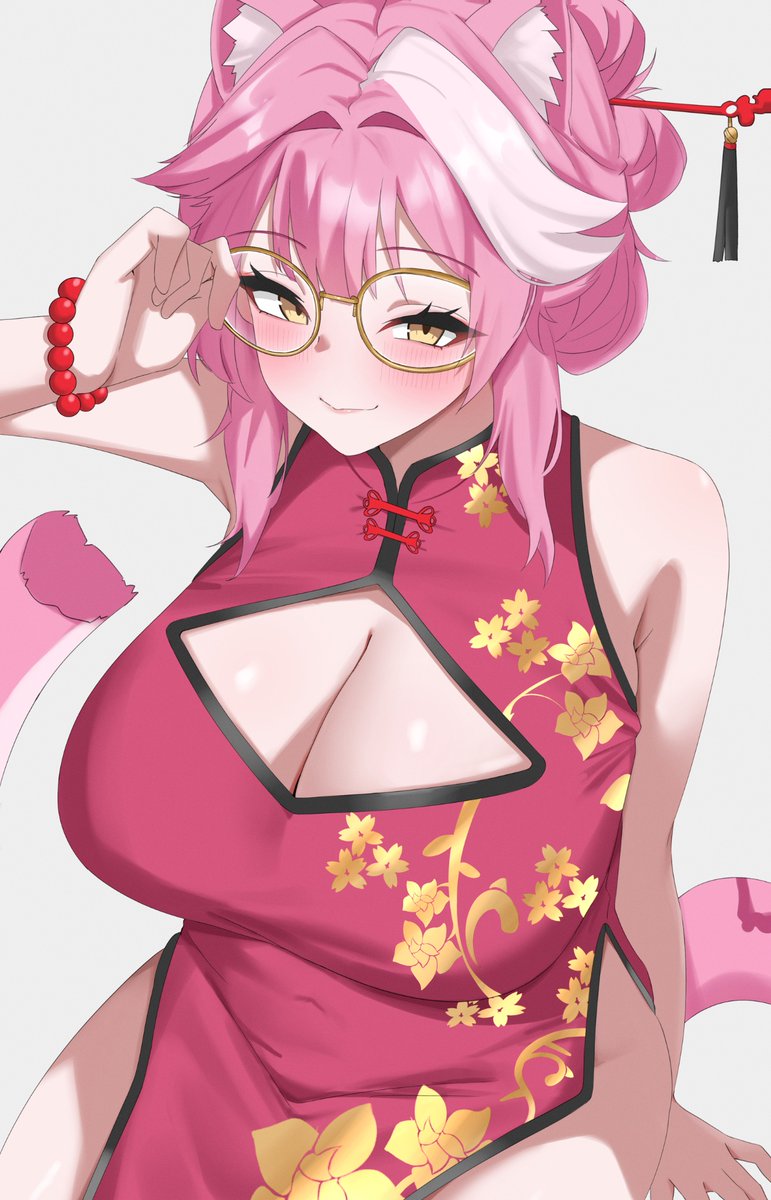 yobi (ybpac18), raora panthera, hololive, hololive english, commentary, hashtag-only commentary, highres, 1girl, adjusting eyewear, alternate costume, alternate hairstyle, animal ear fluff, animal ears, bare arms, bead bracelet, beads, bracelet, breasts, center-flap bangs, china dress, chinese clothes, cleavage, cleavage cutout, closed mouth, clothing cutout, covered navel, double-parted bangs, dress, floral print, floral print dress, glasses, grey background, hair bun, hand up, huge breasts, jewelry, looking at viewer, panther ears, panther girl, panther tail, pink hair, print dress, short hair, side slit, sidelocks, simple background, sitting, sleeveless, sleeveless dress, solo, tail, virtual youtuber, white streaks, yellow-framed eyewear, yellow eyes