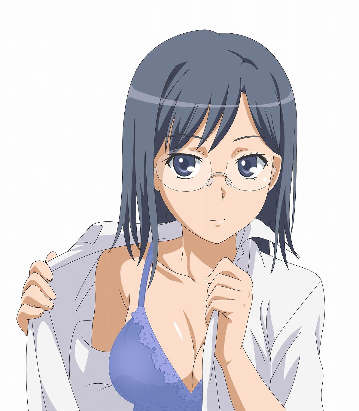 smile (rz), konori mii, toaru kagaku no railgun, toaru majutsu no index, highres, 1girl, black hair, blue eyes, bra, breasts, camisole, cleavage, female focus, glasses, large breasts, lingerie, open clothes, open shirt, shirt, solo, underwear, undressing