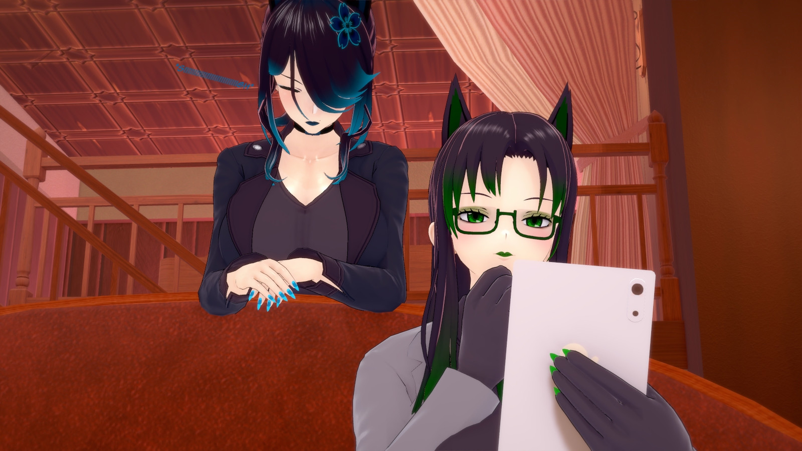 highres, tagme, animal ears, blue nails, breasts, cat ears, crimson lullaby, eleanor(milena), glasses, green nails, large breasts, milena (milena), phone