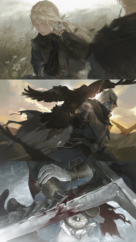 duchess (elden ring), wylder (elden ring), elden ring, elden ring nightreign, hashtag-only commentary, 1boy, 1girl, armor, bird, blonde hair, blood, blue surcoat, earrings, eye mask, gloves, half eye mask, hawk, helmet, jewelry, mask, outdoors, pocket watch, ramiica404, scale armor, single earring, sword, watch, weapon, white gloves, winged helmet