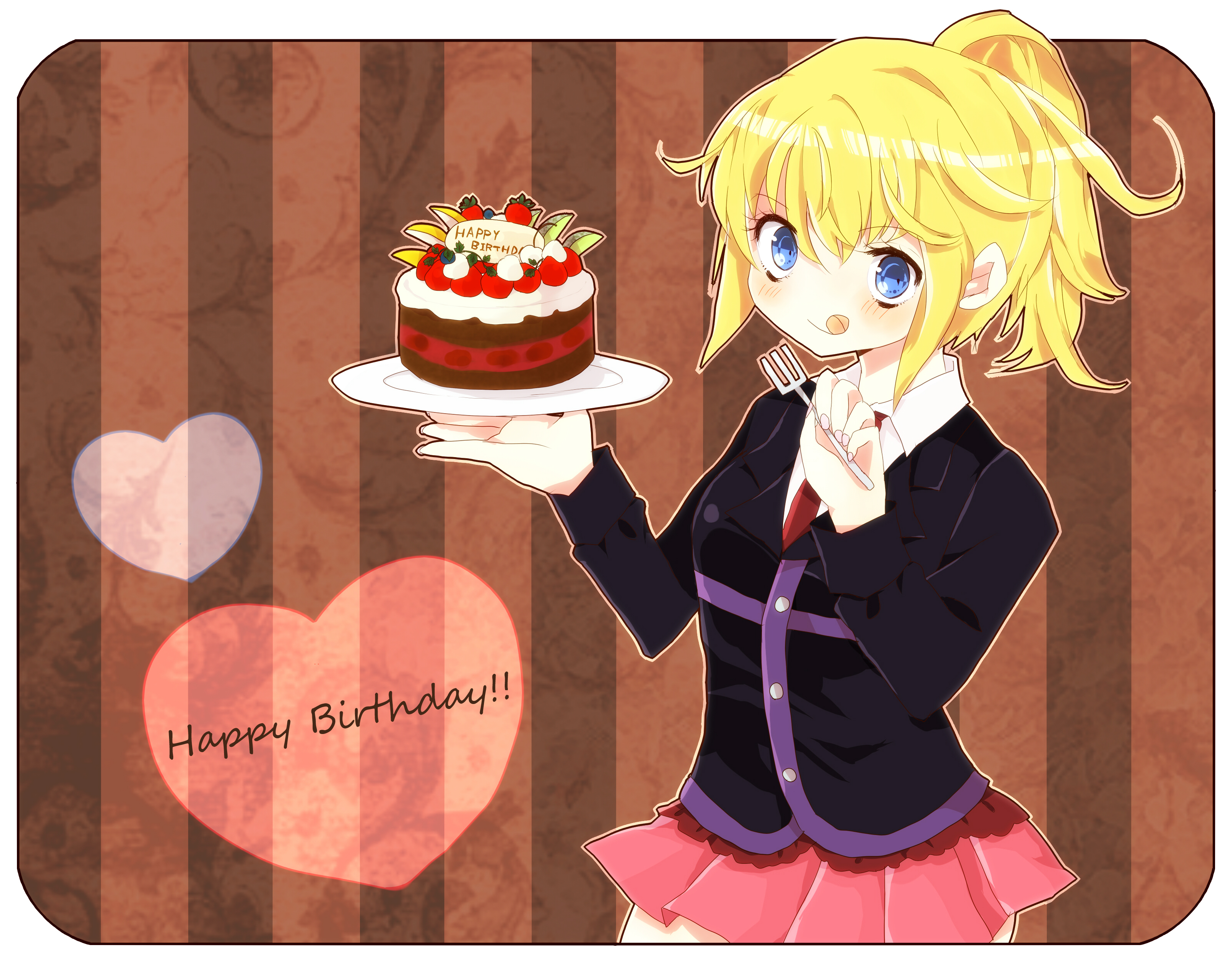 setsuno, ushiromiya jessica, umineko no naku koro ni, absurdres, bad id, bad pixiv id, highres, 1girl, :q, blonde hair, blue eyes, cake, female focus, food, necktie, pastry, ponytail, skirt, solo, tongue, tongue out