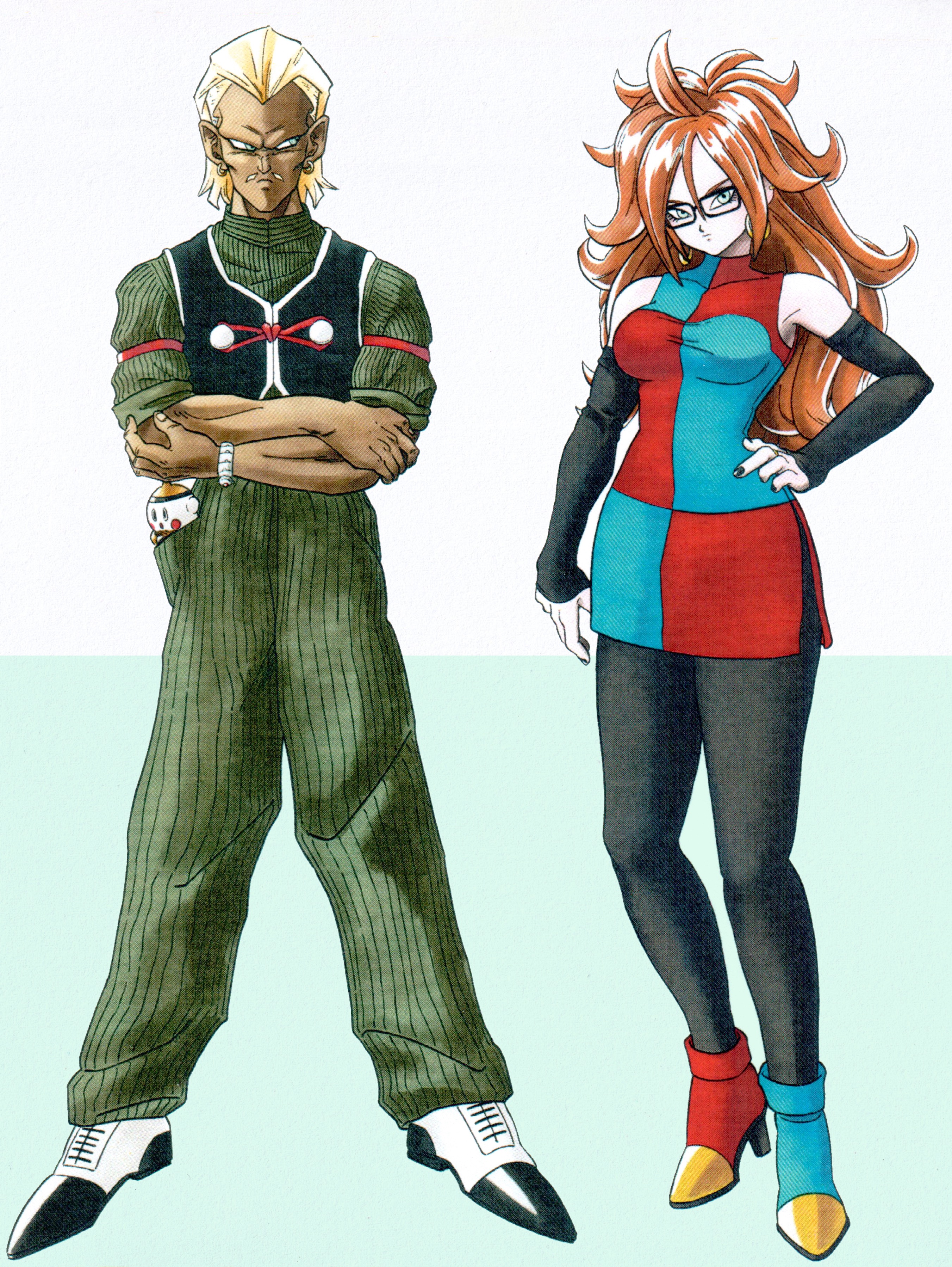 silverwoodwork, android 21, dr. gero (dragon ball), dragon ball, dragon ball fighterz, dragonball z, absurdres, commentary, english commentary, highres, 1boy, 1girl, black nails, checkered clothes, checkered dress, colored skin, dress, earrings, hoop earrings, jewelry, multicolored dress, pantyhose, two-tone dress