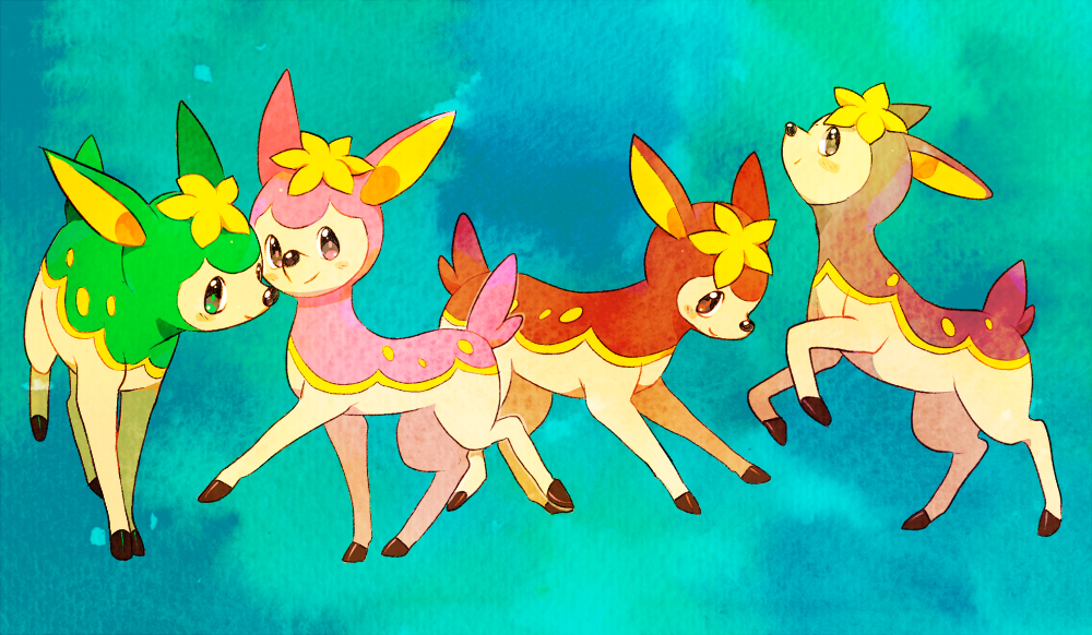 deerling, deerling (autumn), deerling (spring), deerling (summer), deerling (winter), nintendo, pokemon, artist request, animal focus, blush, brown eyes, deer, gen 5 pokemon, green eyes, grey eyes, no humans, pokemon (creature), pokemon focus, smile
