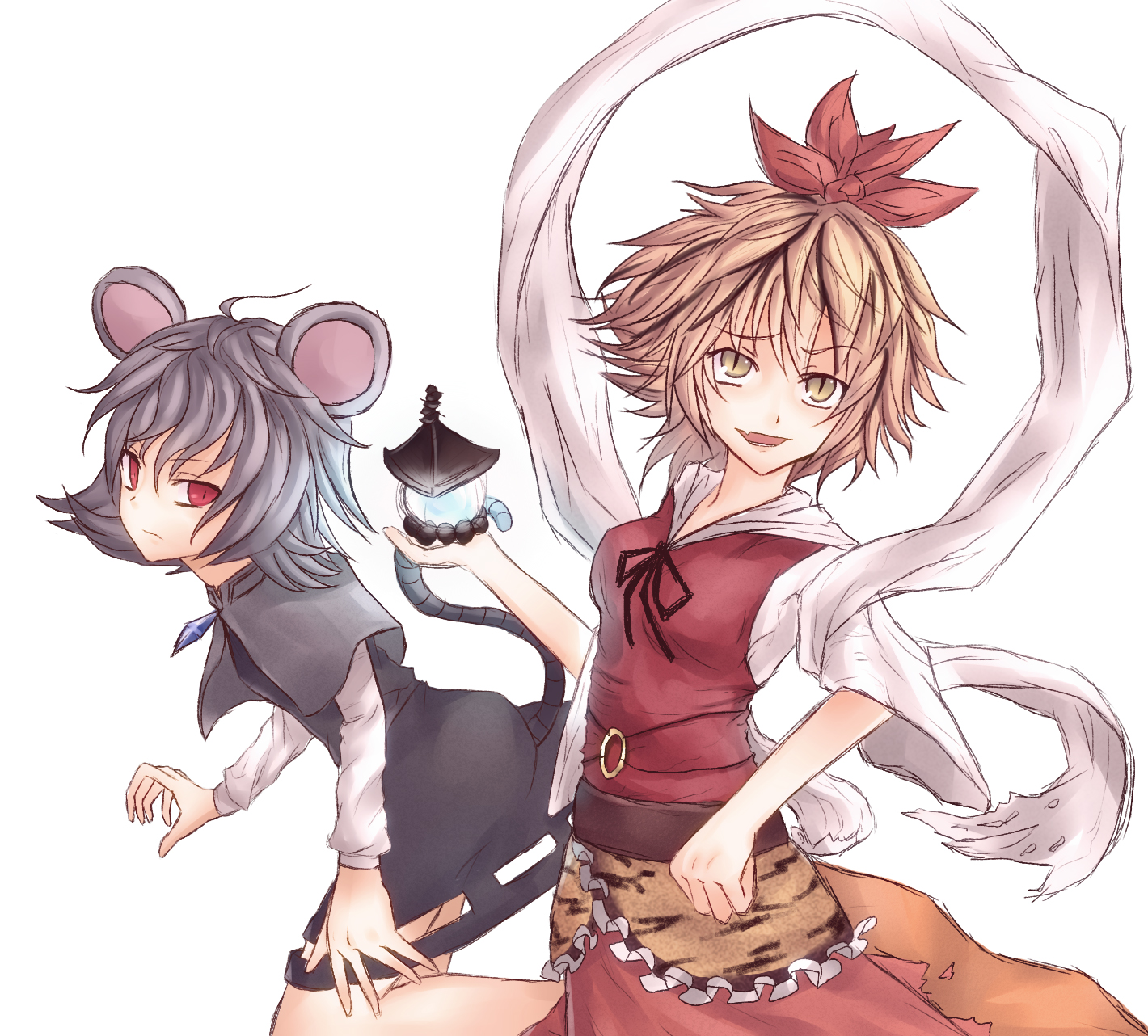 togattatume, nazrin, toramaru shou, touhou, bad id, bad pixiv id, highres, 2girls, animal ears, bishamonten's pagoda, bow, brown eyes, brown hair, dress, female focus, green eyes, grey hair, mouse (animal), multiple girls, red eyes, short hair, simple background, tail