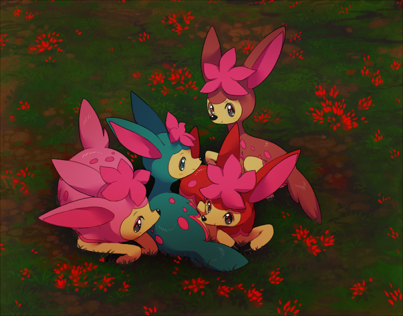 deerling, deerling (autumn), deerling (spring), deerling (summer), deerling (winter), nintendo, pokemon, artist request, animal focus, blush, closed mouth, deer, gen 5 pokemon, grass, looking at viewer, lying, no humans, pokemon (creature), pokemon focus, smile