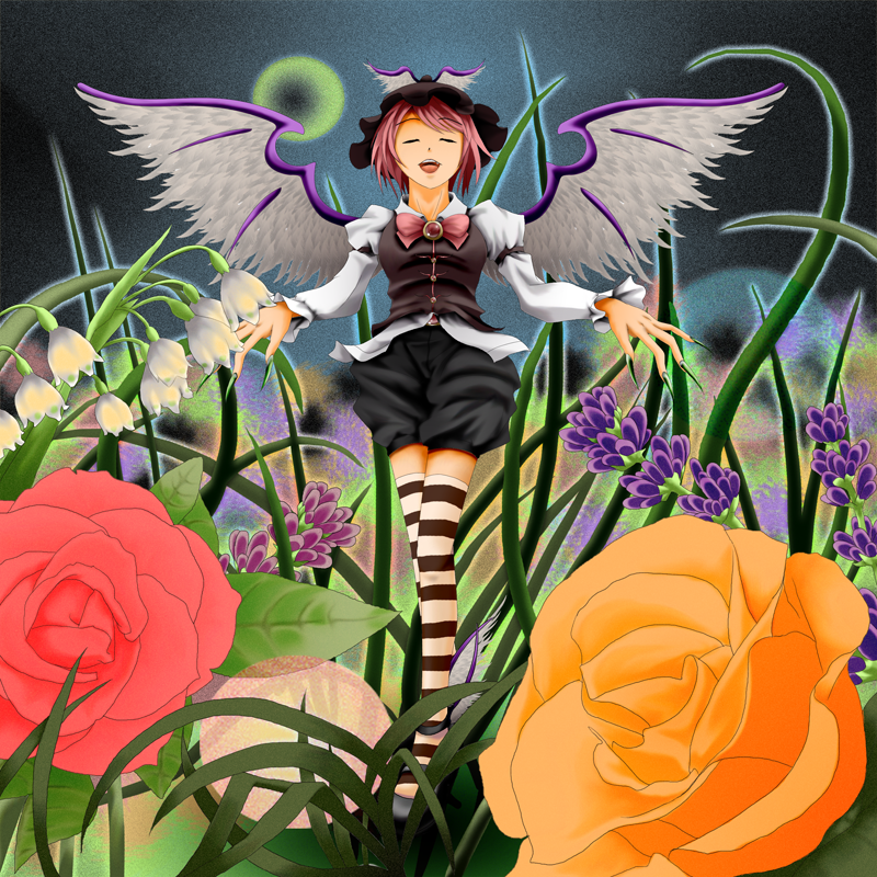 sentaku (flashmechanism), mystia lorelei, touhou, 1girl, animal ears, bloomers, closed eyes, female focus, fingernails, flower, grass, hat, lily of the valley, long fingernails, music, open mouth, oversized object, pink hair, rose, short hair, singing, snowbell (flower), solo, striped clothes, striped thighhighs, thighhighs, underwear, wings