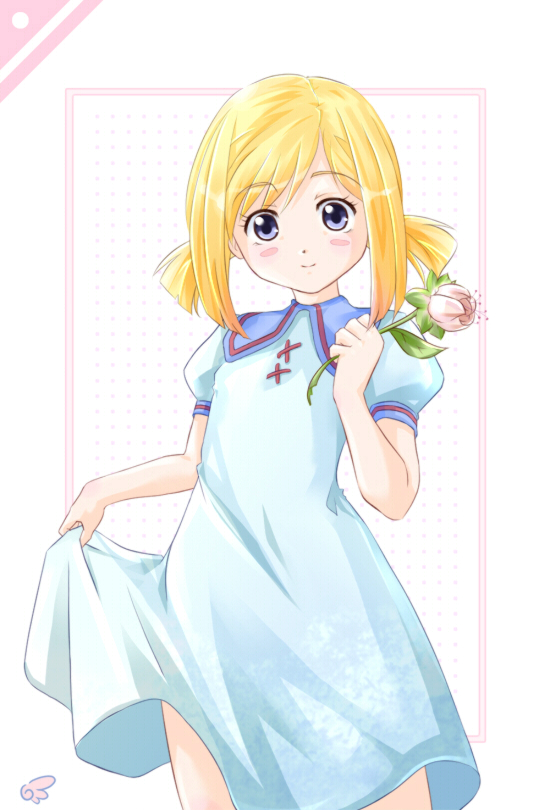 jjapse, alicia florence, aria (manga), 00s, aged down, blonde hair, blue dress, blush stickers, clothes lift, dress, dress lift, flower, holding, purple eyes, short twintails, signature, skirt hold, smile, solo, twintails, watermark