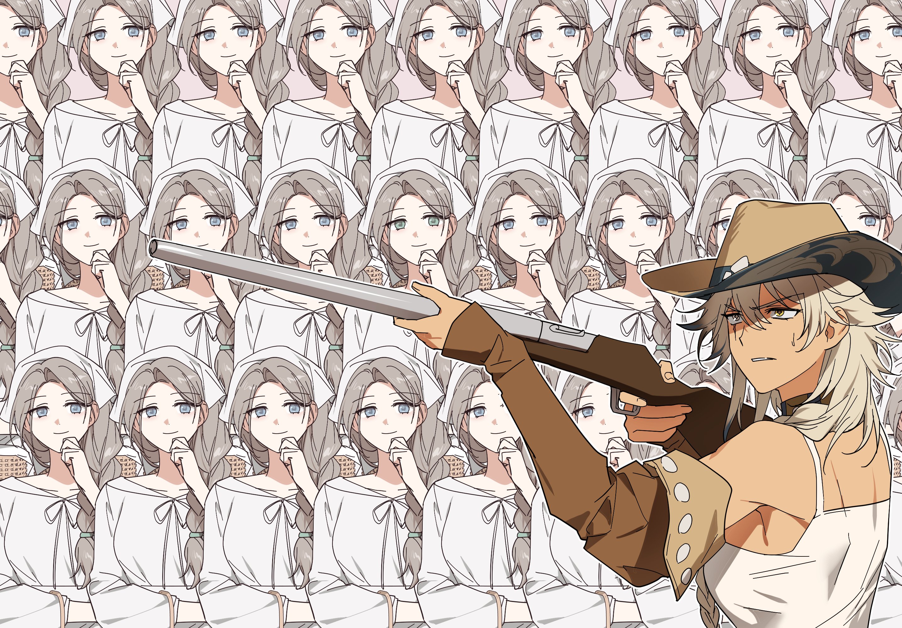 k1ngcra3, argus (reverse:1999), reverse:1999, commentary request, highres, korean commentary, 6+girls, aiming, bare shoulders, blonde hair, blue eyes, brown choker, brown hat, brown sleeves, choker, clone, cowboy hat, detached sleeves, dress, grey eyes, gun, hand on own chin, hand up, hands up, hat, headscarf, holding, holding gun, holding weapon, kayla (reverse:1999), long braid, long hair, multiple girls, parted lips, rifle, scar, scar across eye, scar on face, tank top, v-shaped eyebrows, weapon, white dress, white headscarf, white tank top, yellow eyes