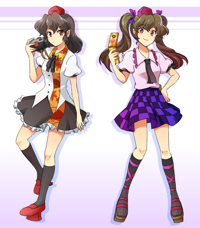 hanjuku tomato, himekaidou hatate, shameimaru aya, touhou, 2girls, ankle lace-up, black hair, black socks, brown eyes, brown hair, camera, cellphone, checkered clothes, checkered skirt, female focus, geta, hair ribbon, hand on own hip, hat, heart, hip focus, kneehighs, leg ribbon, legs, multiple girls, phone, plaid clothes, plaid skirt, red eyes, ribbon, rivalry, short hair, simple background, skirt, smile, socks, standing, tokin hat, twintails, yellow eyes