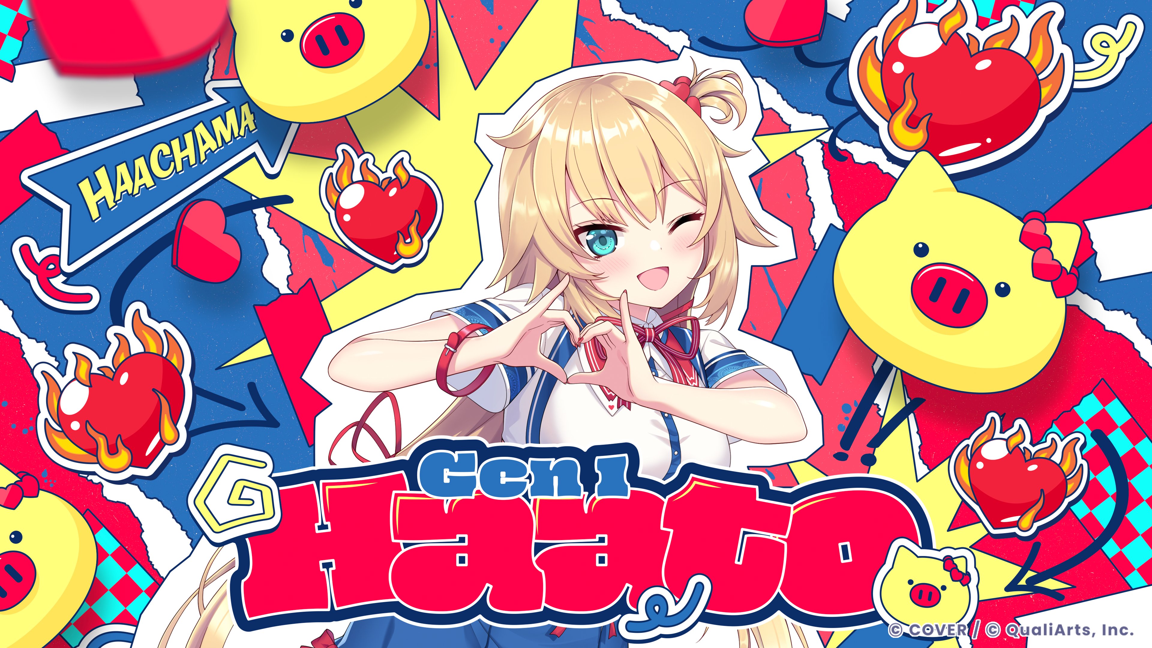 akai haato, akai haato (1st costume), haaton (akai haato), hololive, absurdres, commentary request, highres, official art, 1girl, ;d, aqua eyes, arrow (symbol), blonde hair, blue skirt, breasts, character name, collared shirt, company name, copyright notice, fire, hair ornament, heart, heart hair ornament, heart hands, hololive dreams, large breasts, one eye closed, one side up, open mouth, outline, shirt, skirt, smile, solo, virtual youtuber, white outline, white shirt