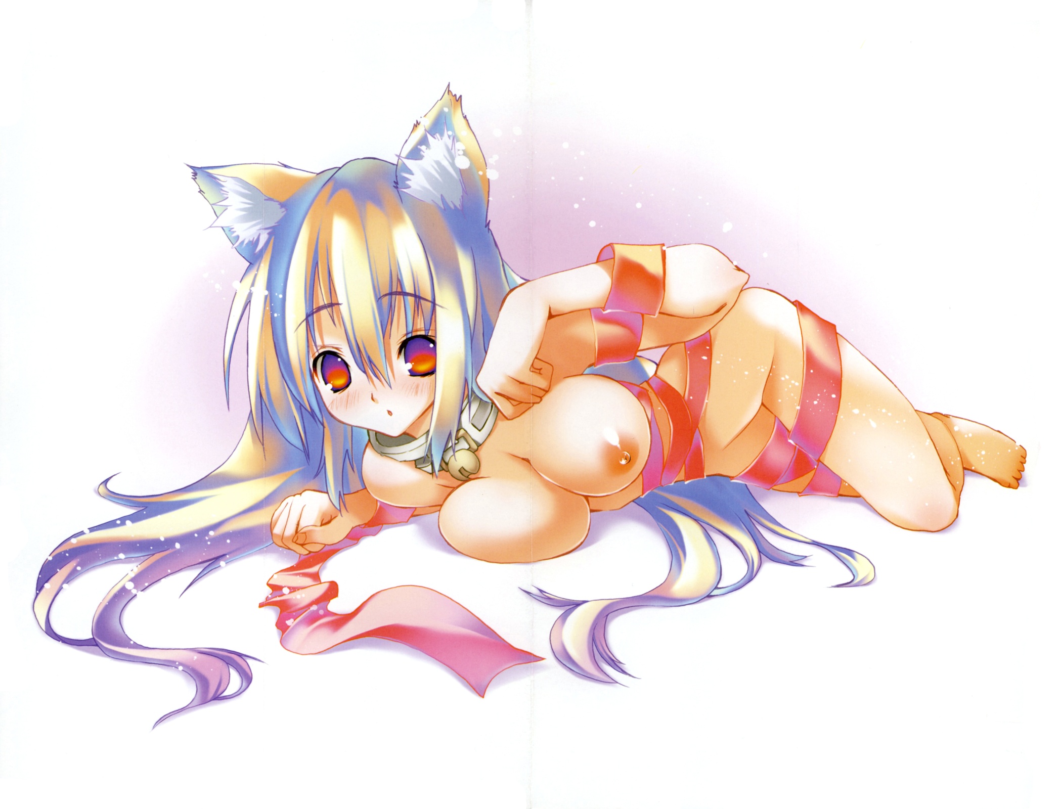 riki, riki (riki2), highres, scan, 1girl, animal ears, bell, blush, breasts, cat ears, cat girl, cleavage, collar, female focus, grey hair, long hair, looking at viewer, lying, naked ribbon, nipples, nude, paw pose, red eyes, ribbon, solo
