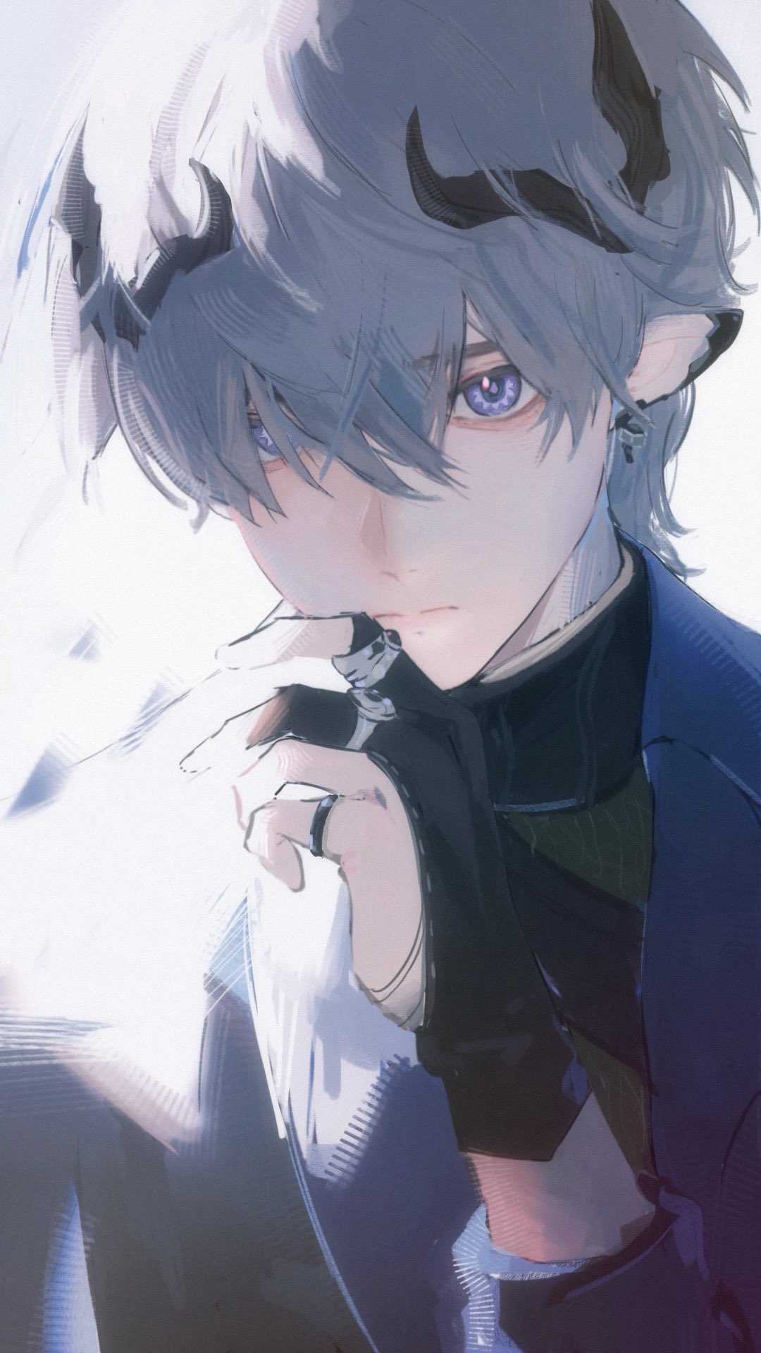 ansan zip, arknights, arknights: endfield, hashtag-only commentary, highres, 1boy, ardashir (arknights), black horns, horns, jacket, jewelry, looking at viewer, male focus, partially submerged, purple eyes, ring, turtleneck, white hair