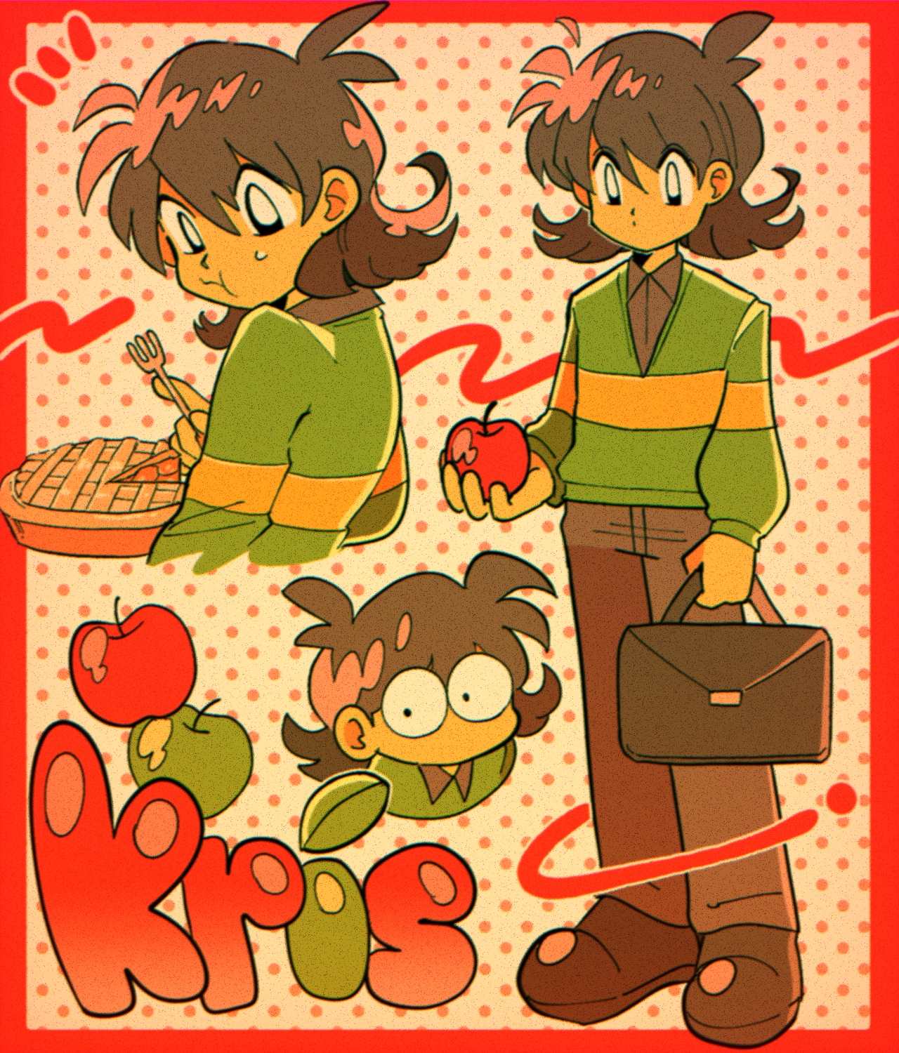 shio tou, kris (deltarune), deltarune, utdr (toby fox), commentary request, highres, 1other, apple, brown hair, character name, collared shirt, colored skin, eating, food, fruit, holding, long sleeves, other focus, pants, pie, shirt, shoes, short hair, standing, sweater, yellow skin