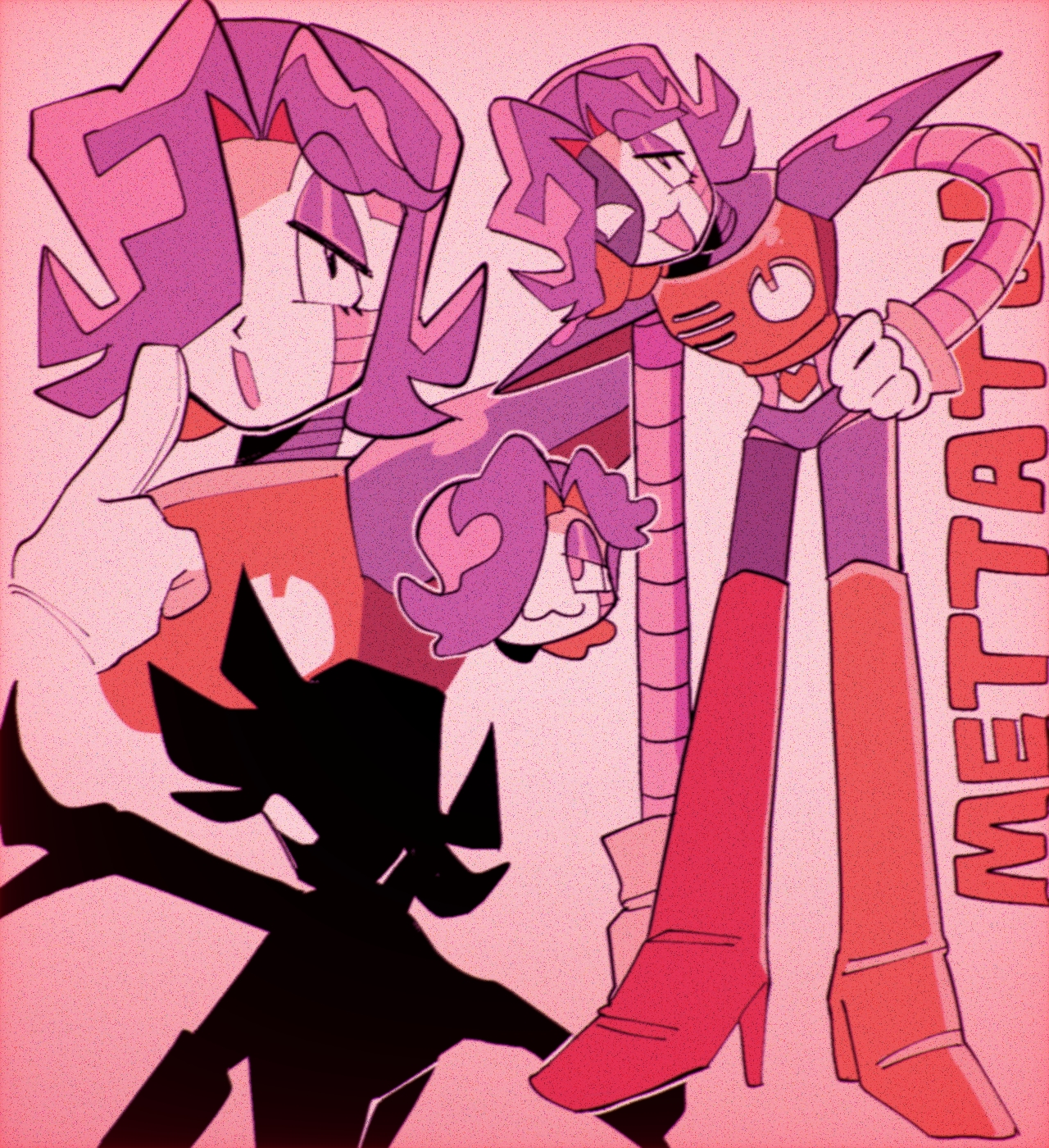 shio tou, mettaton, mettaton ex, mettaton neo, undertale, utdr (toby fox), commentary request, highres, 1boy, androgynous, android, boots, colored skin, fewer digits, girly boy, gloves, hair over one eye, heart, looking at viewer, makeup, male focus, mechanical arms, open mouth, robot, robot boy, short hair, simple background, smile, white gloves