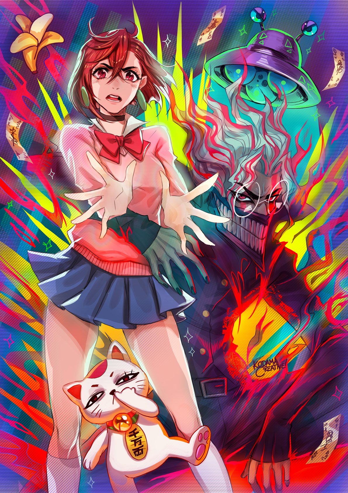 kodama creative, ayase momo, takakura ken (dandadan), takakura ken (transformed) (dandadan), turbo granny (dandadan), dandadan, commentary, english commentary, highres, 1boy, 2girls, arm around waist, banana, belt, belt buckle, black choker, blue sky, bow, bowtie, brown eyes, brown hair, buckle, choker, crossed bangs, earrings, feet out of frame, food, fruit, gakuran, glasses, hair between eyes, jewelry, kami high school uniform, long sleeves, looking at viewer, maneki-neko, mask, miniskirt, mouth mask, multicolored hair, multiple girls, ofuda, open hands, open mouth, outstretched arm, pink sweater, pleated skirt, red bow, red bowtie, red eyes, red hair, round eyewear, school uniform, shirt, short hair, signature, skirt, sky, socks, sparkle, sweater, talisman, transformation, two-tone hair, ufo, white hair, white shirt, white socks, wing collar