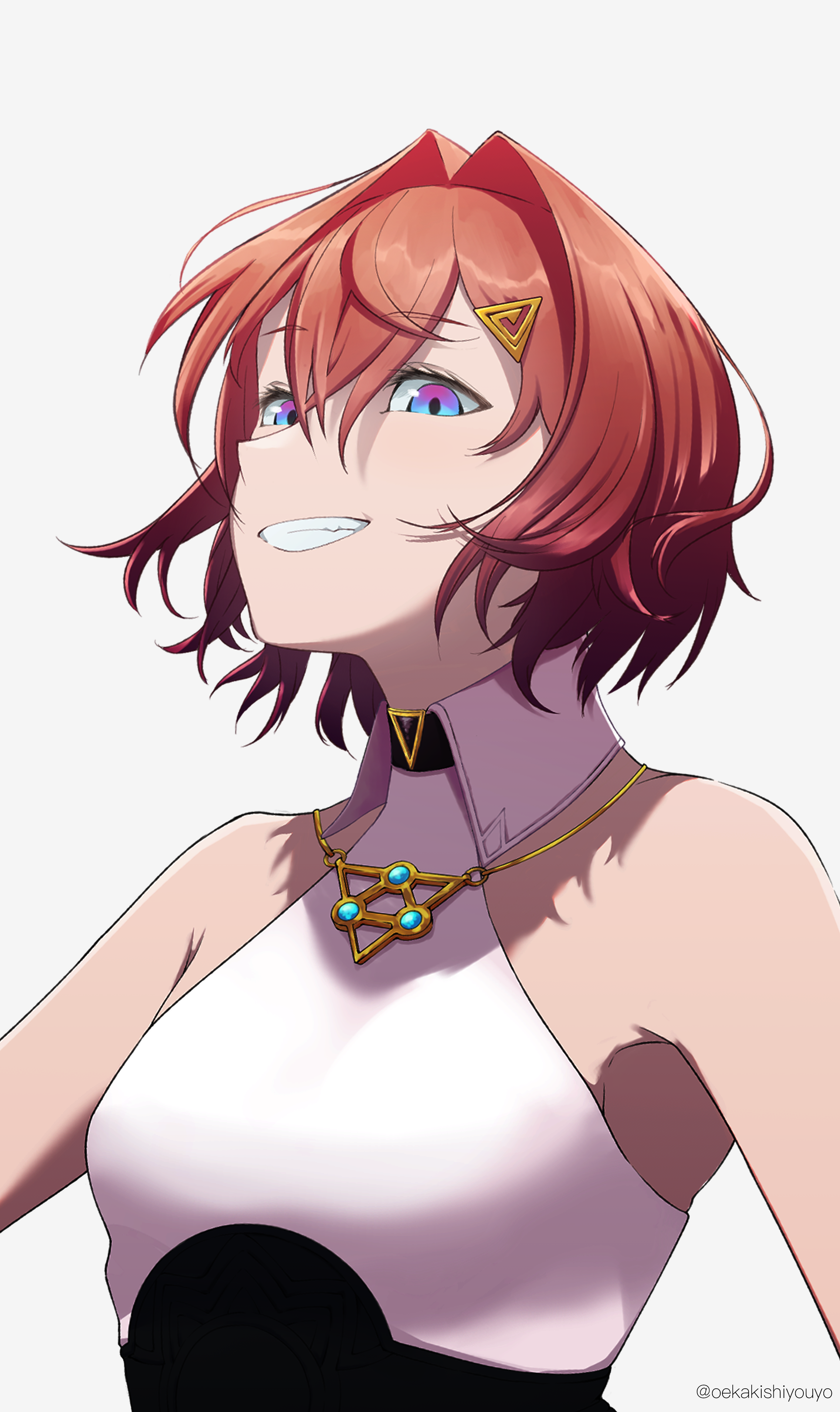 ange katrina, nijisanji, absurdres, commentary request, highres, 1girl, ange katrina (summer casual), bare shoulders, blue eyes, breasts, collared halterneck, eyelashes, gold necklace, gradient eyes, grey background, grin, hair between eyes, hair intakes, hair ornament, halter shirt, halterneck, jewelry, long bangs, looking at viewer, medium hair, mikoton, multicolored eyes, necklace, purple eyes, red hair, shirt, shirt tucked in, simple background, small breasts, smile, solo, triangle hair ornament, twitter username, upper body, virtual youtuber, white shirt