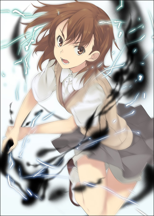 biribiri, mizuki makoto, misaka mikoto, toaru kagaku no railgun, toaru majutsu no index, brown footwear, metal, psychic, action, attack, brown eyes, brown hair, brown sweater, brown sweater vest, brown vest, electricity, electrokinesis, fantasy, feet out of frame, grey skirt, hair between eyes, holding, holding weapon, looking at viewer, magnetism, miniskirt, open mouth, pleated skirt, school uniform, science fiction, shirt, short-sleeved shirt, short shorts, short sleeves, shorts, shorts under skirt, skirt, socks, solo, sweater, sweater vest, t-shirt, teeth, thighs, tokiwadai school uniform, tongue, upper teeth only, vest, weapon, white shirt