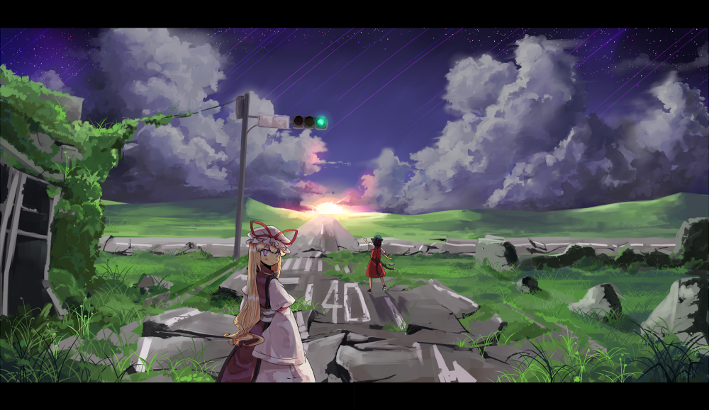 garnet, chen, yakumo yukari, touhou, 2girls, blonde hair, brown hair, day, female focus, hat, letterboxed, multiple girls, ruins, scenery, short hair, sky, star (sky), starry sky, tabard, traffic light