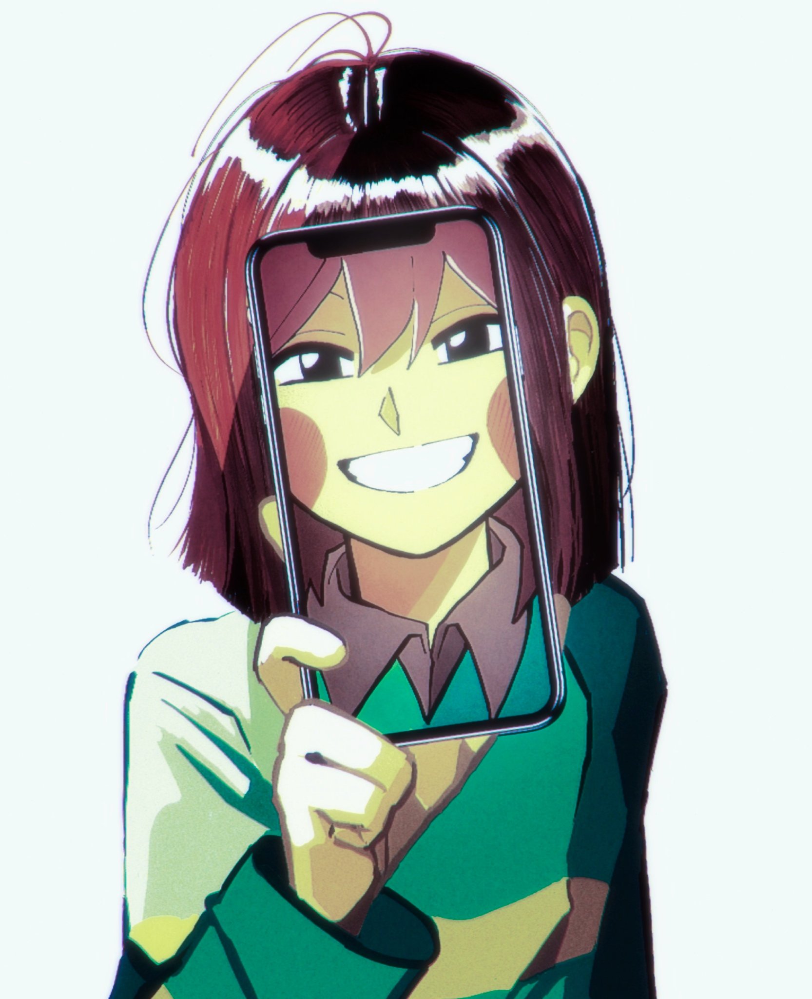 shio tou, chara (undertale), undertale, utdr (toby fox), highres, photo-referenced, 1other, androgynous, black eyes, blush stickers, brown shirt, cellphone, collared shirt, colored skin, double-parted bangs, green sweater, grin, hair between eyes, holding, holding phone, long sleeves, looking at viewer, open mouth, phone, shirt, shirt under sweater, short hair, simple background, smartphone, smile, solo, sweater, teeth, upper body, white background, yellow skin