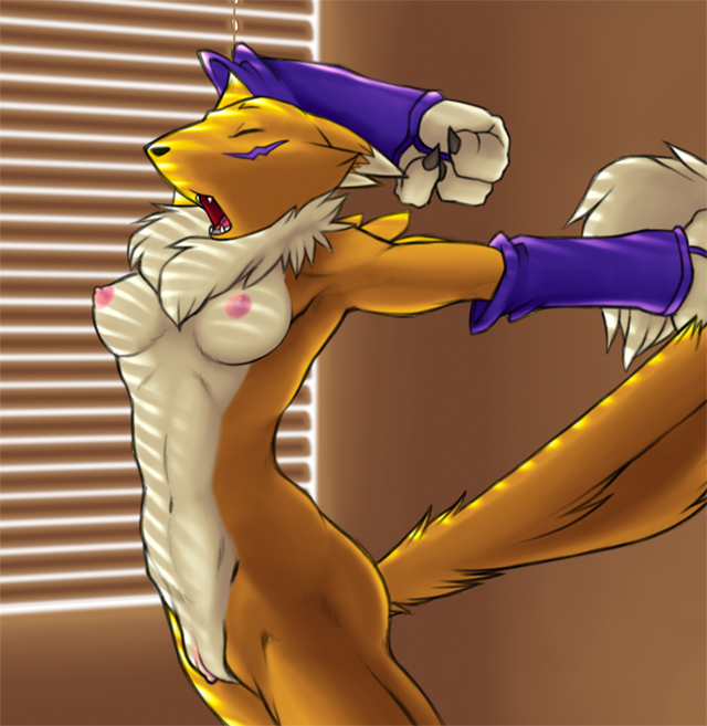 renamon, digimon, wall, artist request, long image, tall image, 1girl, animal ears, arched back, arm warmers, armpits, arms up, between breasts, breasts, claws, clenched hand, clitoris, closed eyes, digimon (creature), facial mark, fangs, female focus, furry, furry female, hip focus, indoors, navel, nipples, nude, outstretched arms, pussy, solo, standing, stretching, sunlight, tail, teeth, window blinds, yawning