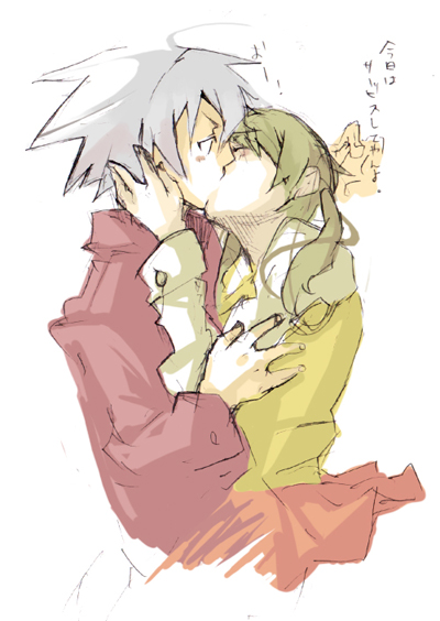 maka albarn, soul evans, soul eater, silver hair, 00s, 1boy, 1girl, blush, couple, from side, green hair, head tilt, hetero, hidden eyes, hug, jacket, kiss, long sleeves, simple background, upper body, white background