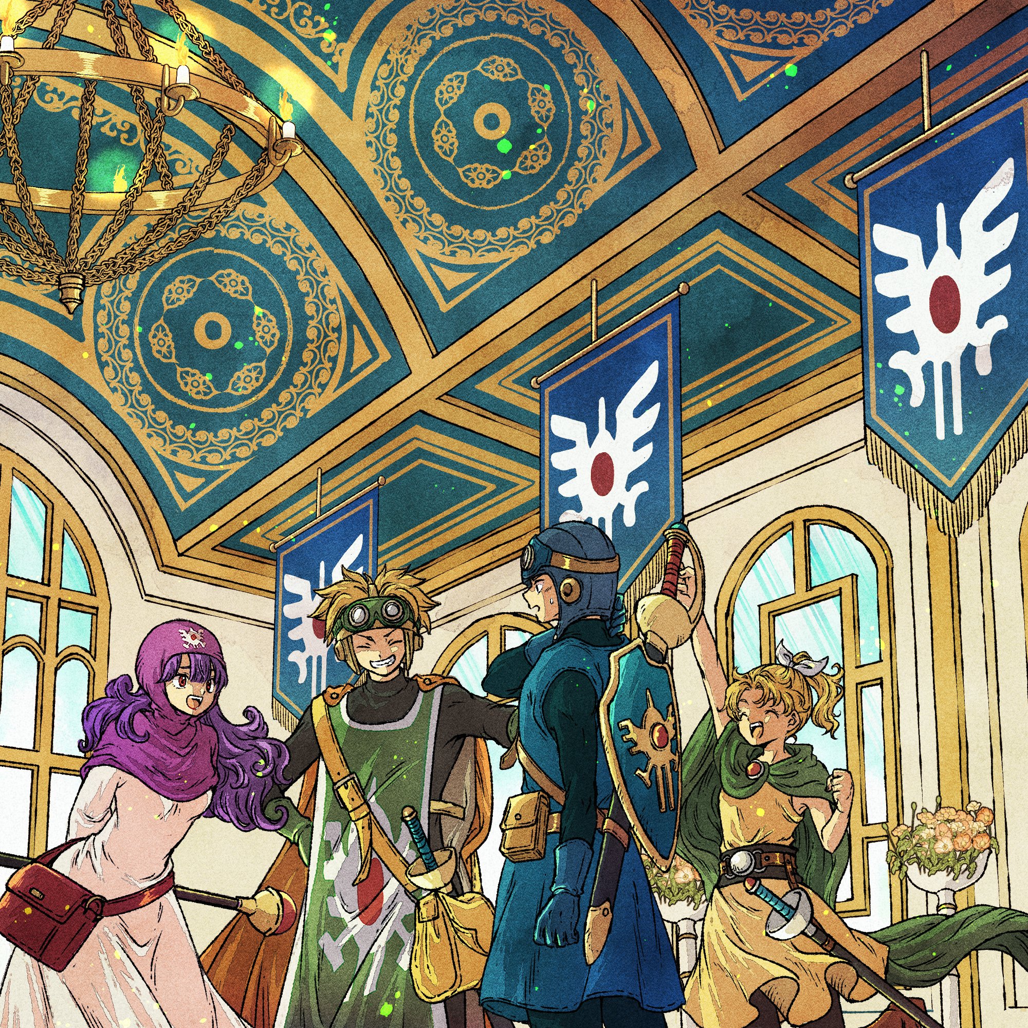 toriga, prince of lorasia, prince of samantoria, princess of moonbrook, princess of samantoria, dragon quest, dragon quest ii, commentary request, highres, 2boys, 2girls, arm up, bag, belt, black bodysuit, blonde hair, blue hat, blue tunic, bodysuit, brother and sister, cape, closed eyes, cousins, curly hair, dress, feet out of frame, goggles, goggles on headwear, green cape, green tabard, grin, hat, high ponytail, indoors, long hair, looking at another, multiple boys, multiple girls, orange cape, ponytail, purple hair, purple hood, robe, sheath, sheathed, shield, shield on back, short hair, shoulder bag, siblings, smile, spiked hair, sword, sword on back, tabard, tunic, weapon, weapon on back, white robe, window, yellow dress