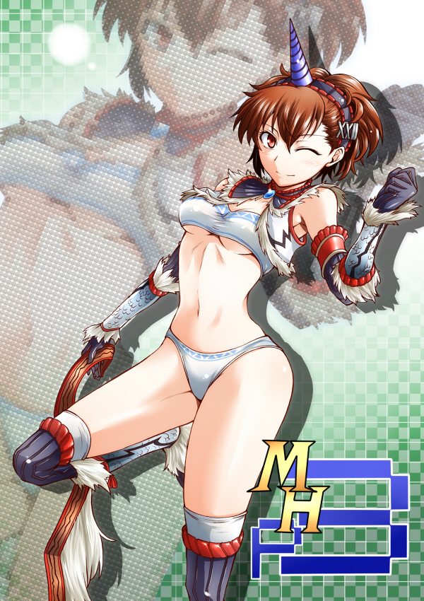 segami daisuke, shiomi kotone, atlus, capcom, monster hunter (series), persona, persona 3, persona 3 portable, 1girl, boots, breasts, brown hair, cosplay, elbow gloves, female focus, gloves, hairband, horns, kirin (armor), kirin (cosplay), midriff, missing file, one eye closed, red eyes, single horn, solo, underboob, wink, zoom layer