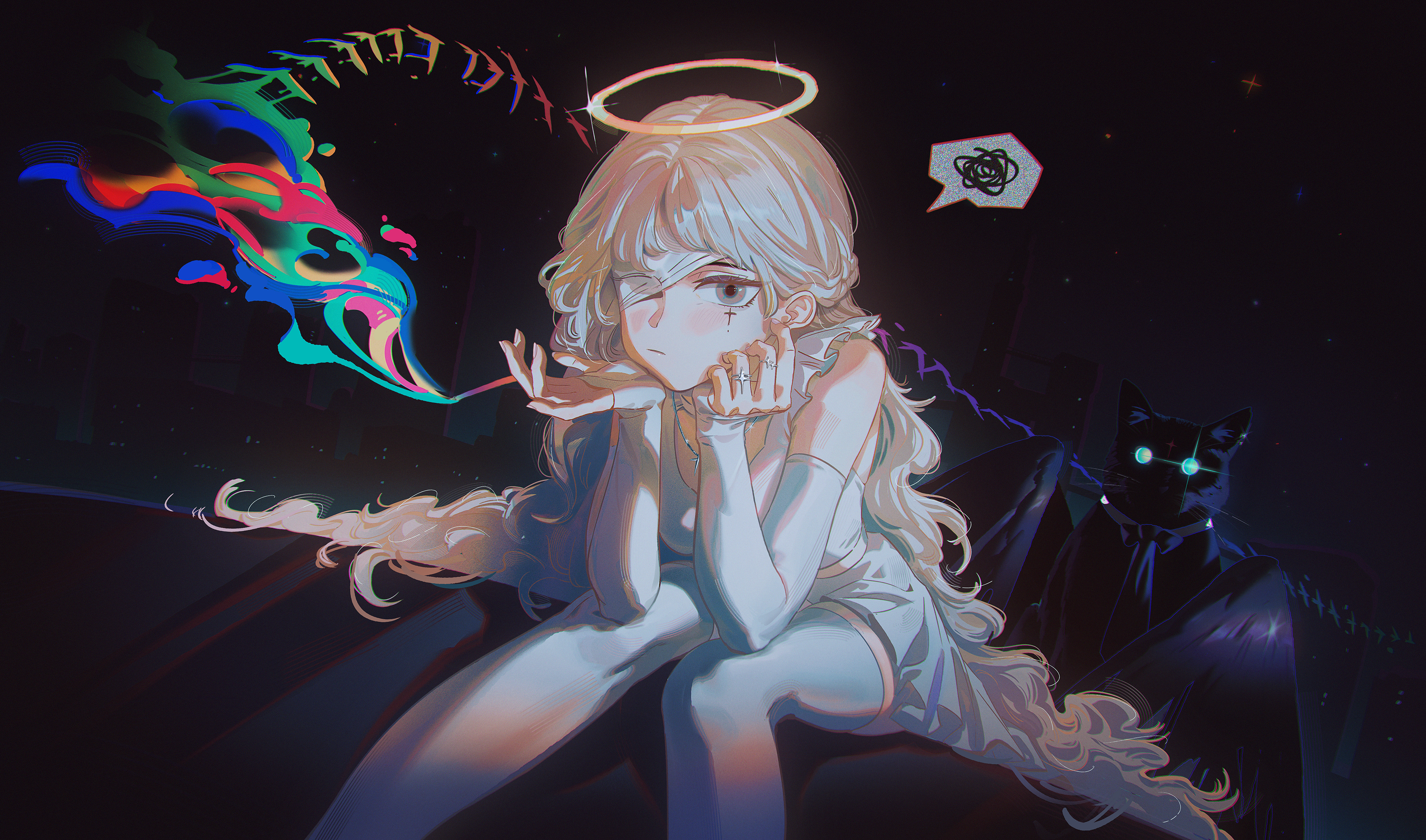 original, absurdres, commentary, english commentary, highres, 1girl, black sky, blonde hair, building, cat, creature, curly hair, dress, elbow gloves, elbow rest, elbows on knees, eyepatch, fangda, fantasy, feet out of frame, fingerless gloves, glint, gloves, grey eyes, halo, hand rest, jewelry, long hair, looking at viewer, necklace, night, one eye covered, outdoors, ring, short dress, sitting, sky, skyscraper, sleeveless, sleeveless dress, solo, speech bubble, spoken squiggle, squiggle, star (sky), thighhighs, traditional halo, very long hair, white dress, white gloves, white thighhighs