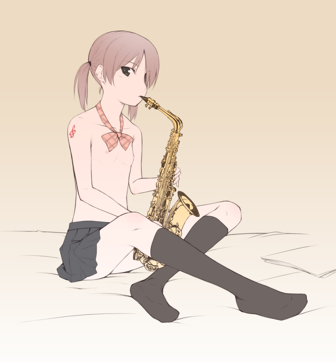 ooji, original, 1girl, bed, brown hair, feet, female focus, flat chest, indoors, instrument, legs, nipples, no panties, saxophone, sitting, skirt, socks, solo, topless female, treble clef, twintails