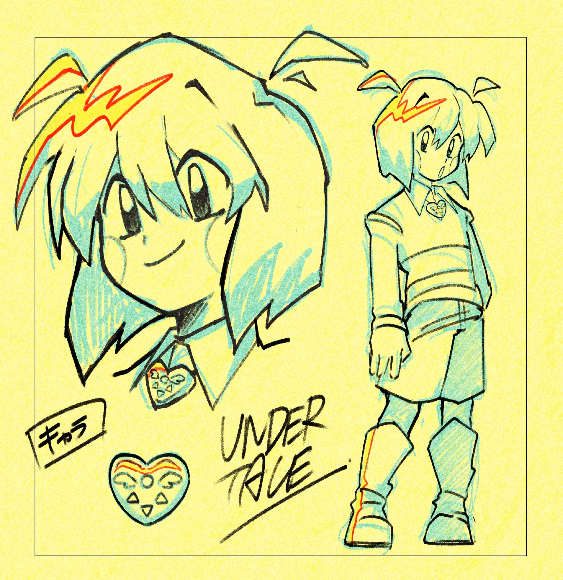 shio tou, chara (undertale), undertale, utdr (toby fox), highres, translated, 1other, ahoge, androgynous, blush, character name, closed mouth, collared shirt, color trace, copyright name, greyscale with colored background, hair between eyes, long sleeves, looking at viewer, monochrome, parted lips, shirt, shirt under sweater, short hair, shorts, simple background, smile, solo, sweater, yellow background