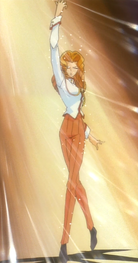 arisugawa juri, shoujo kakumei utena, screencap, 1990s (style), bowling, curly hair, orange hair, sparkle